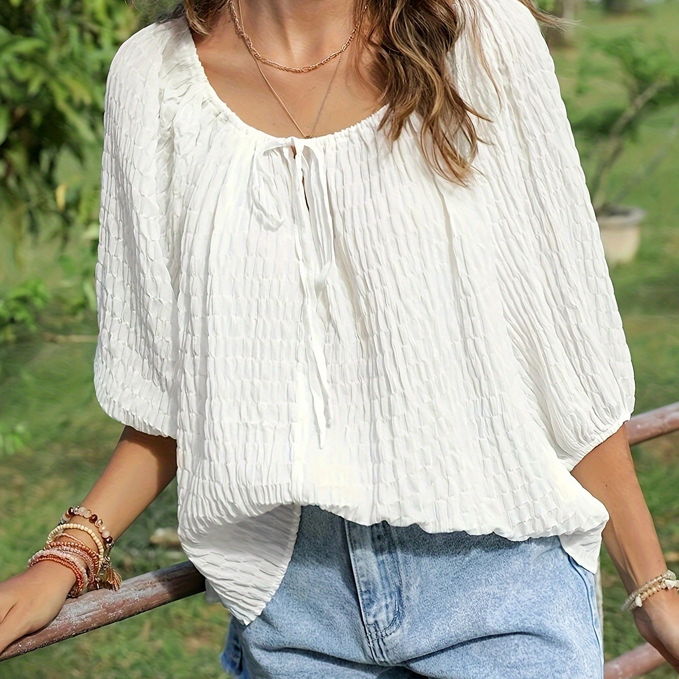 

Textured Solid Color Tie Front Blouse, Elegant Short Sleeve Blouse For Spring & Summer, Women's Clothing