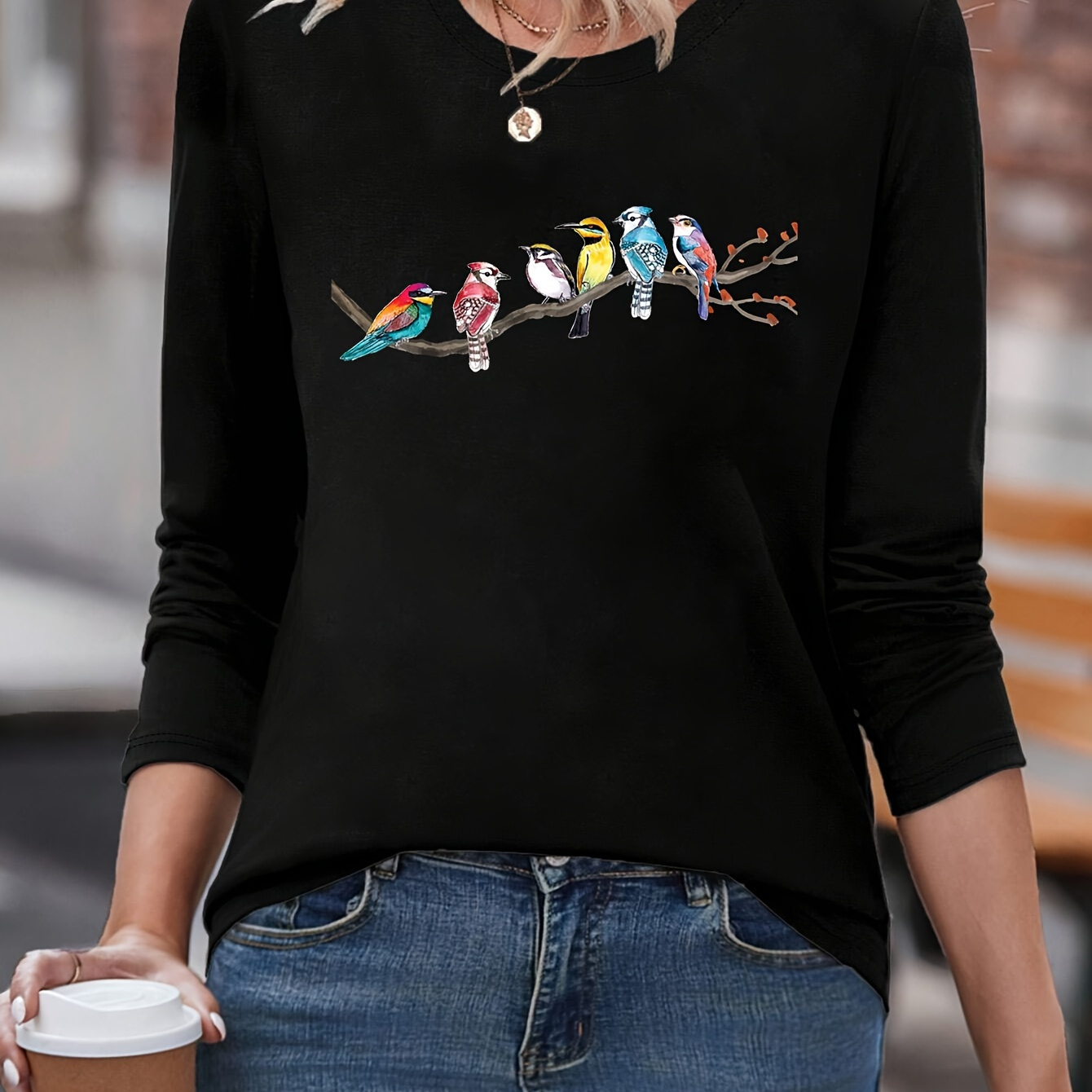 

Birds On A Branch Print T-shirt, Long Sleeve Crew Neck Casual Top For Spring & Fall, Women's Clothing