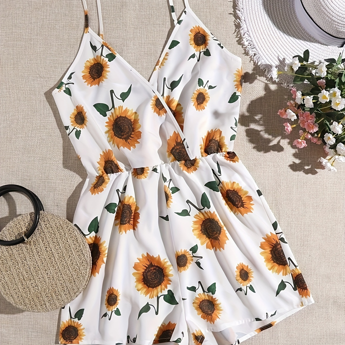 

Sunflower Print Surplice Neck Romper Jumpsuit, Casual Backless Spaghetti Strap Ruched Romper Jumpsuit For Spring & Summer, Women's Clothing