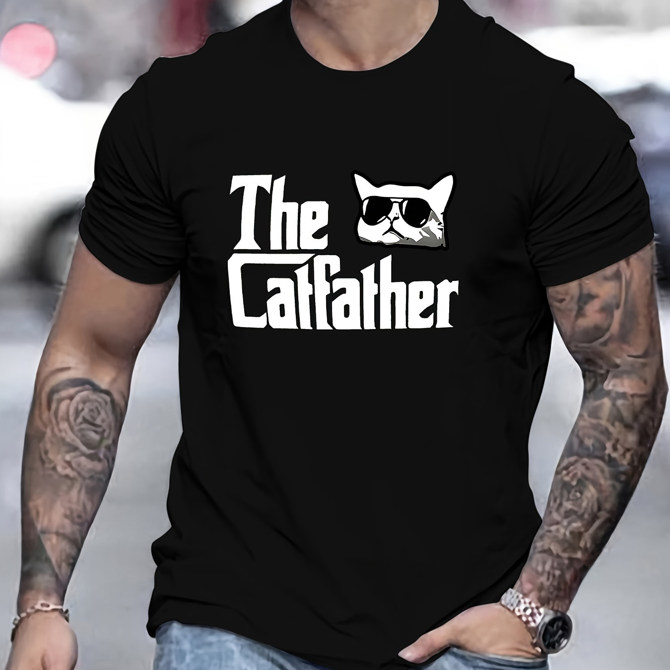 

The Catfather Print T Shirt, Tees For Men, Casual Short Sleeve T-shirt For Summer