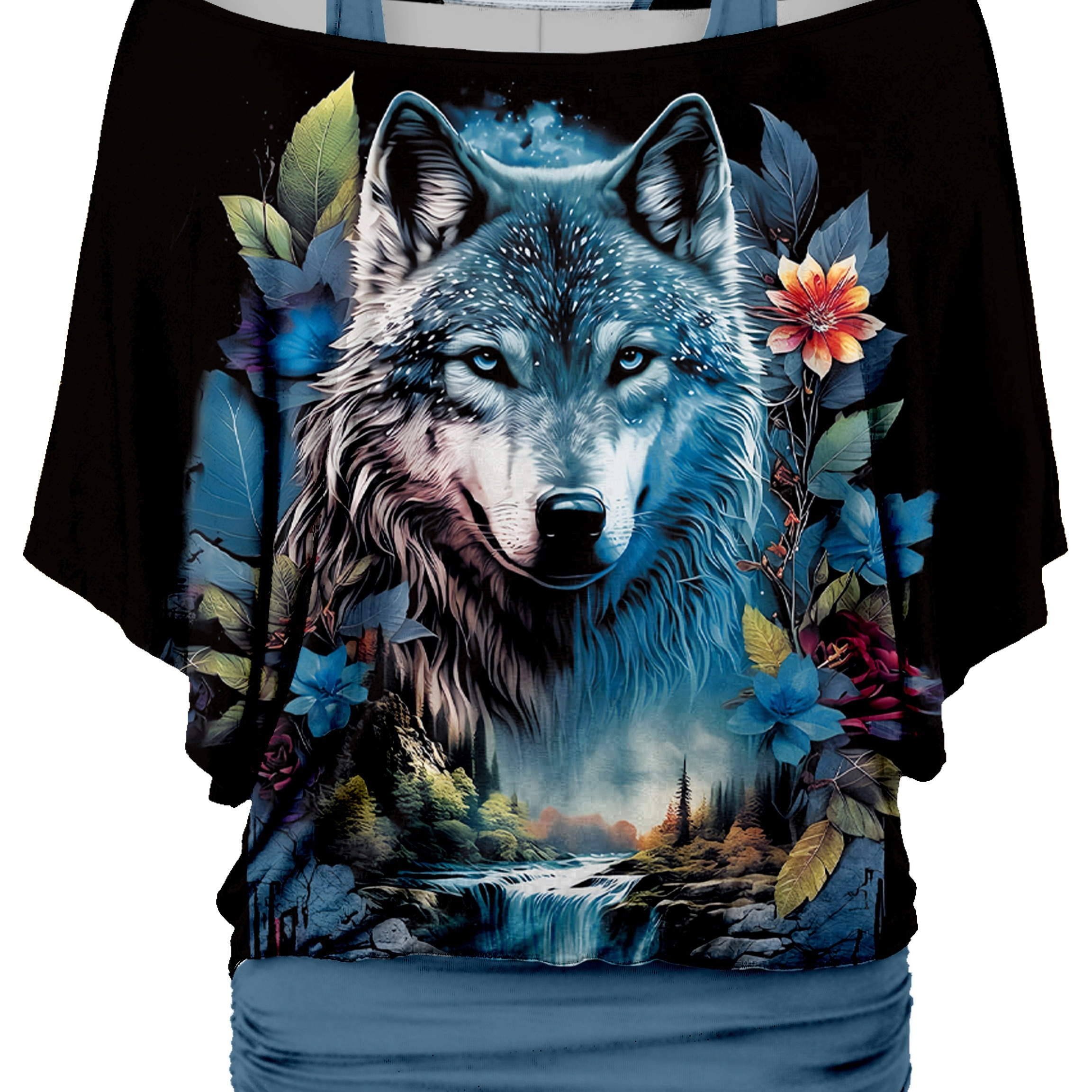 

Wolf Print Cold Shoulder T-shirt, Casual Batwing Sleeve 2 In 1 Ruched Top For Spring & Summer, Women's Clothing
