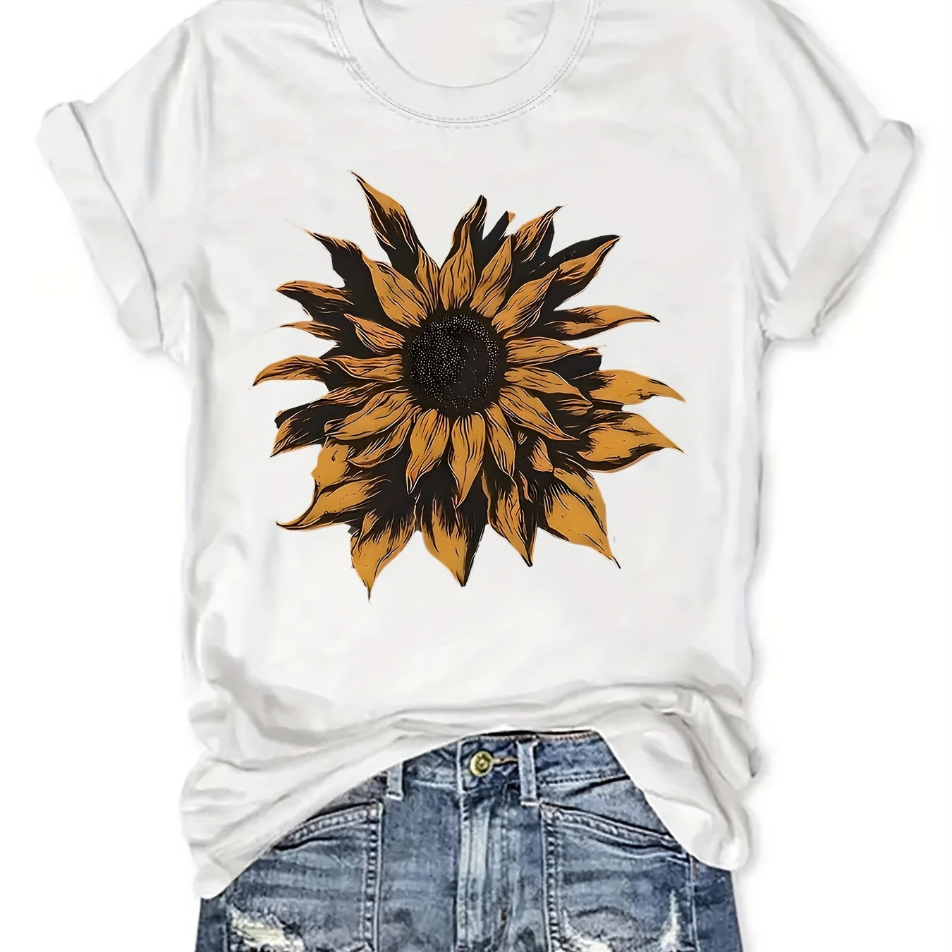 

Sunflower Print T-shirt, Short Sleeve Crew Neck Casual Top For Summer & Spring, Women's Clothing