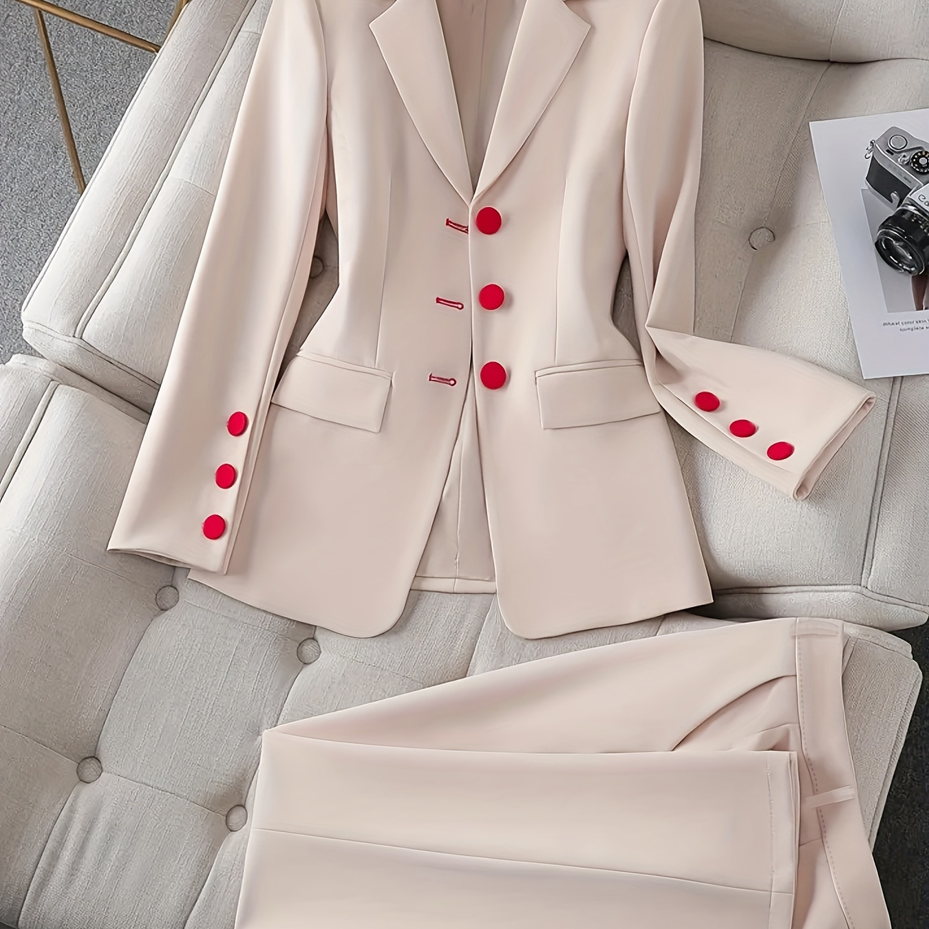 

Elegant Solid 2 Piece Set, Single-breasted Label Neck Blazer & Pants Outfits For Office & Work, Women's Clothing