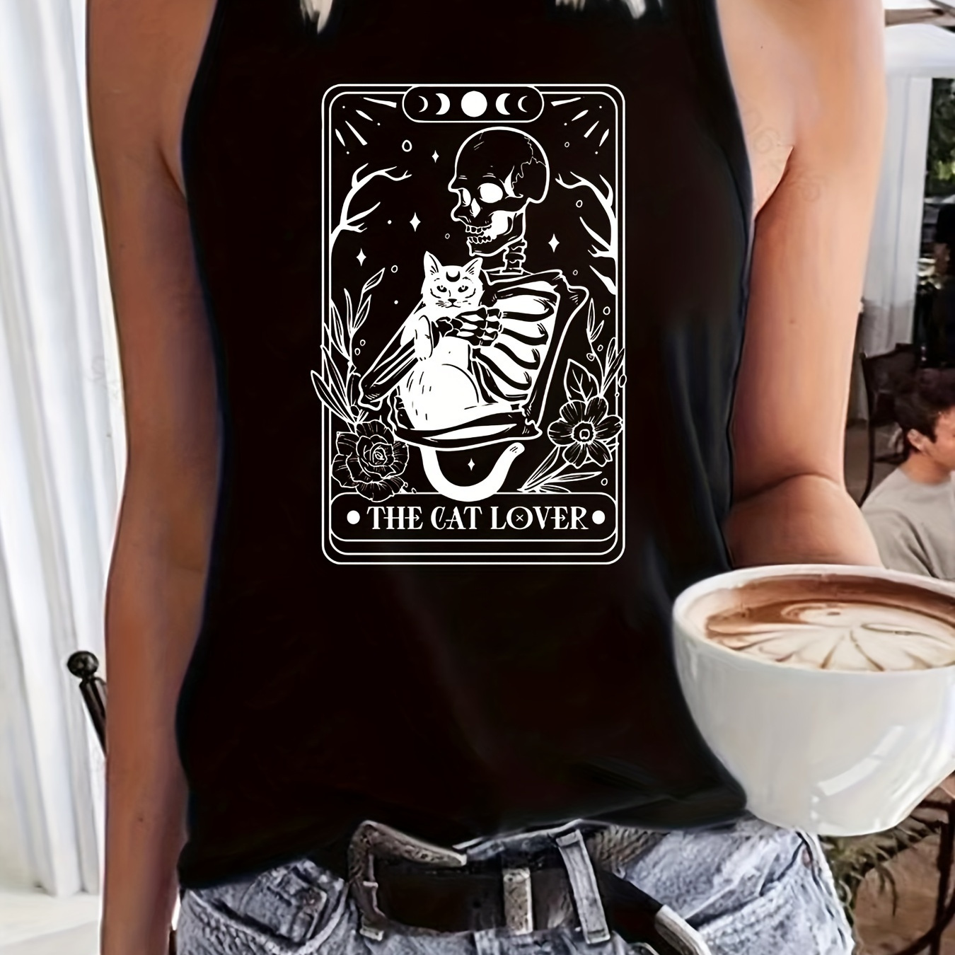 

Cat & Skull Print Tank Top, Sleeveless Casual Top For Summer & Spring, Women's Clothing