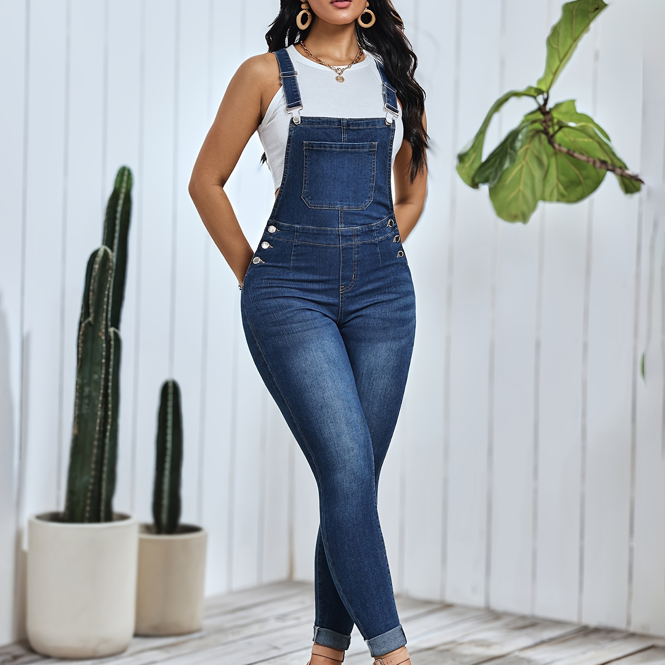 

Women's Skinny Fit Overalls, High Elasticity Fabric, Soft And Comfortable, Cuffed Design, Long Length, Casual Preppy Style, Versatile Mid-blue Washed Denim Overalls Dungarees