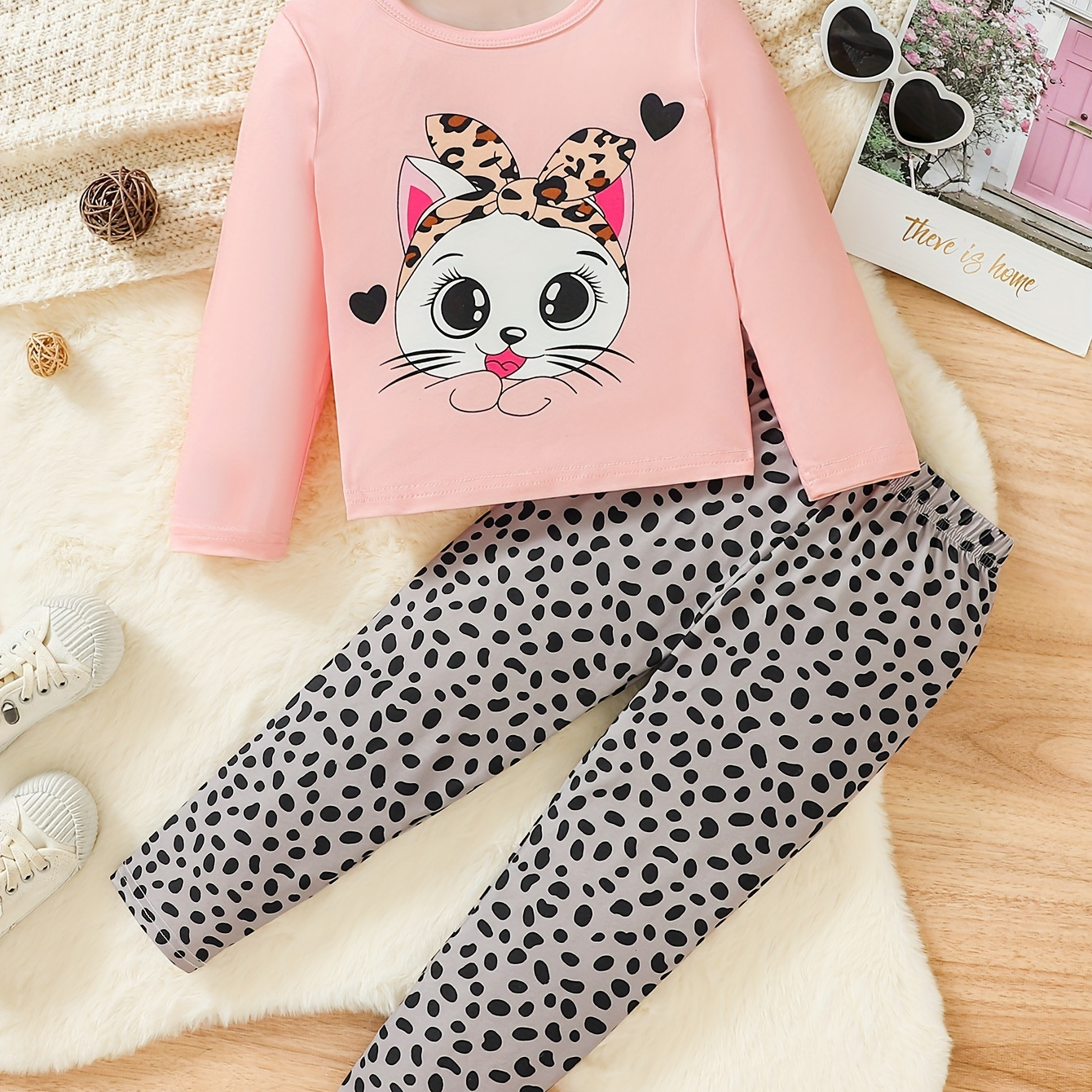 

2pcs Girl's Hairband Cat Print Outfit, Long Sleeve Top & Leopard Pattern Pants Set, Toddler Kid's Clothes For Spring Fall
