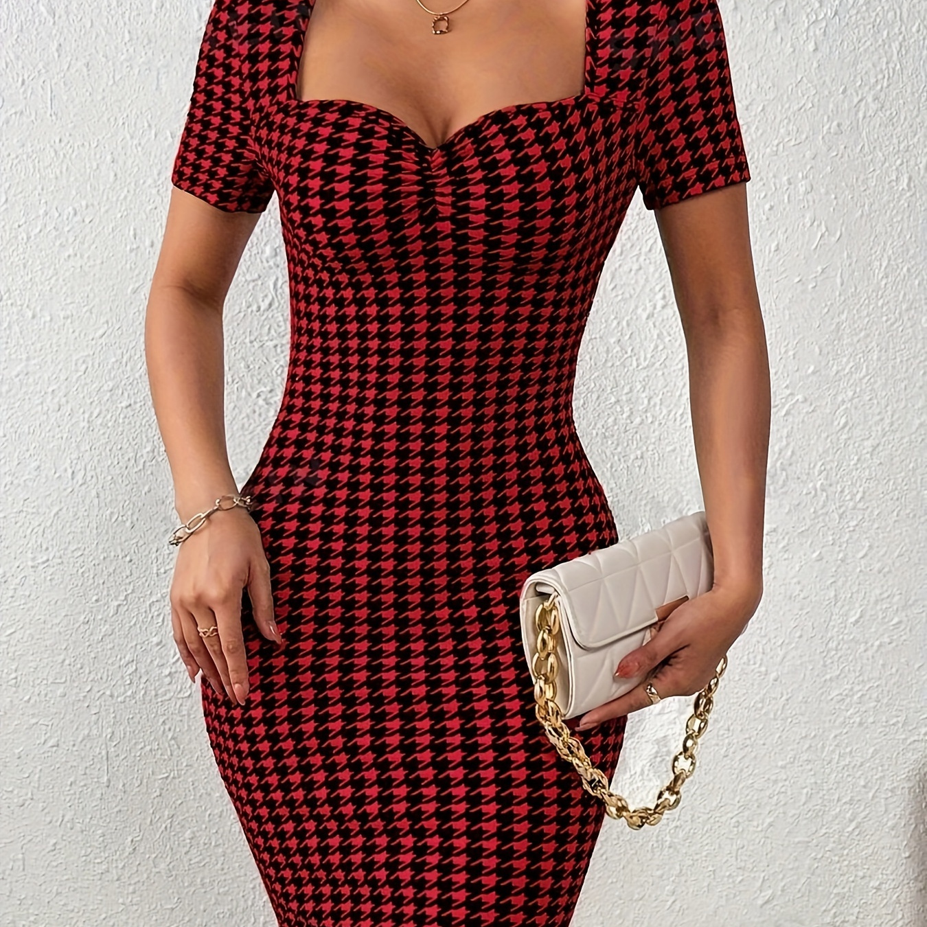 

Houndstooth Print Sweetheart Neck Dress, Elegant Bodycon Short Sleeve Dress For Spring & Summer, Women's Clothing