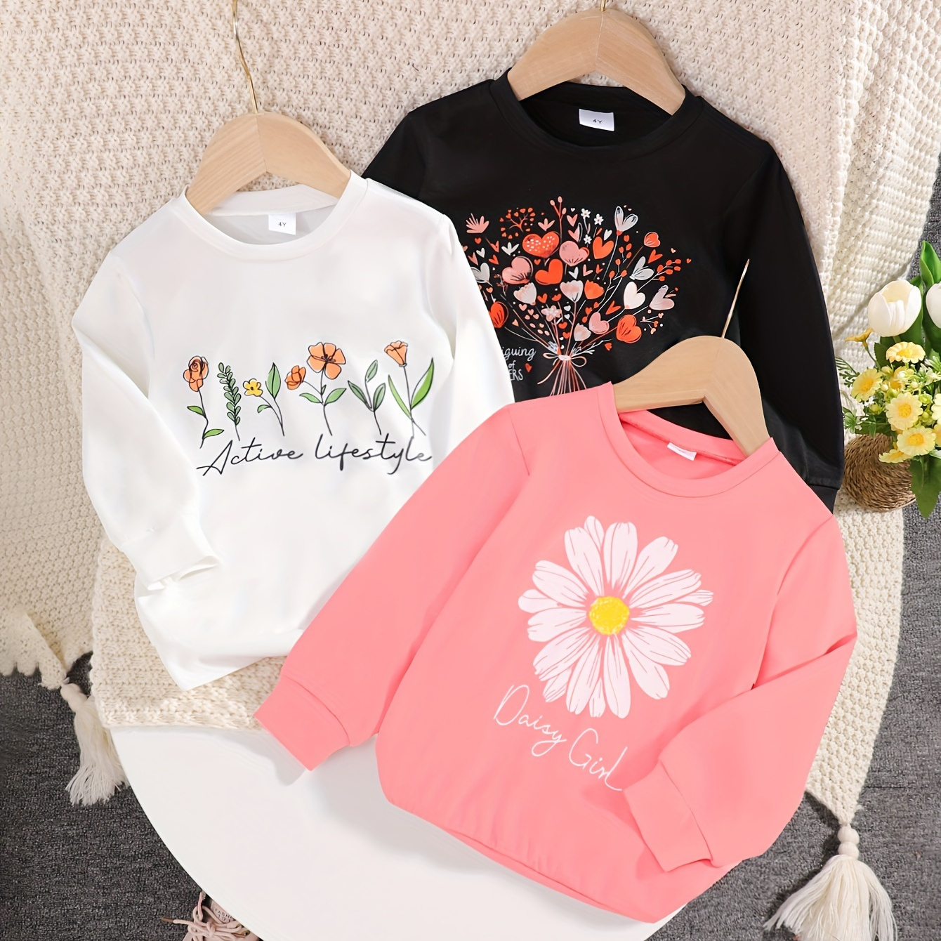 

Girls' Casual Long Sleeve T-shirt Set, 3-piece Autumn And Winter Outfit, Soft And Comfortable For Kids