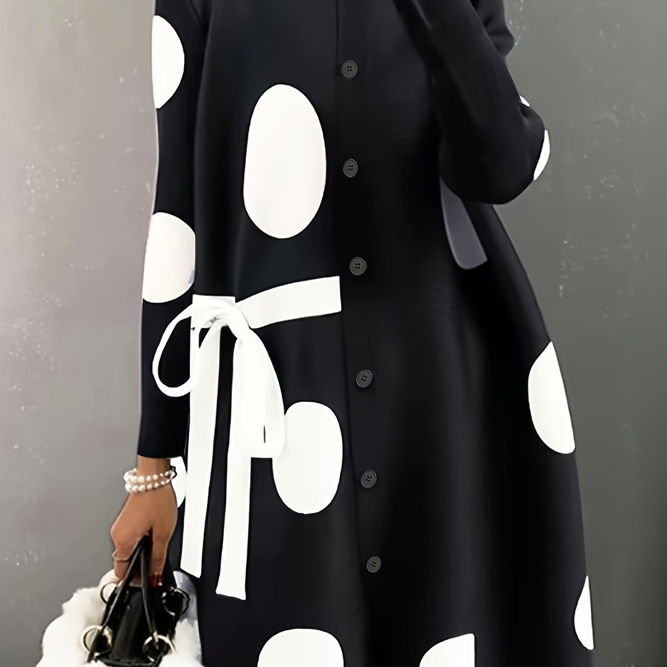 

[ Fabric] Women's Long Sleeve Polka Dot Dress - Casual A-line With Button Front, Black & White Pattern, Tie Waist, And Fluffy Trim For Spring/fall