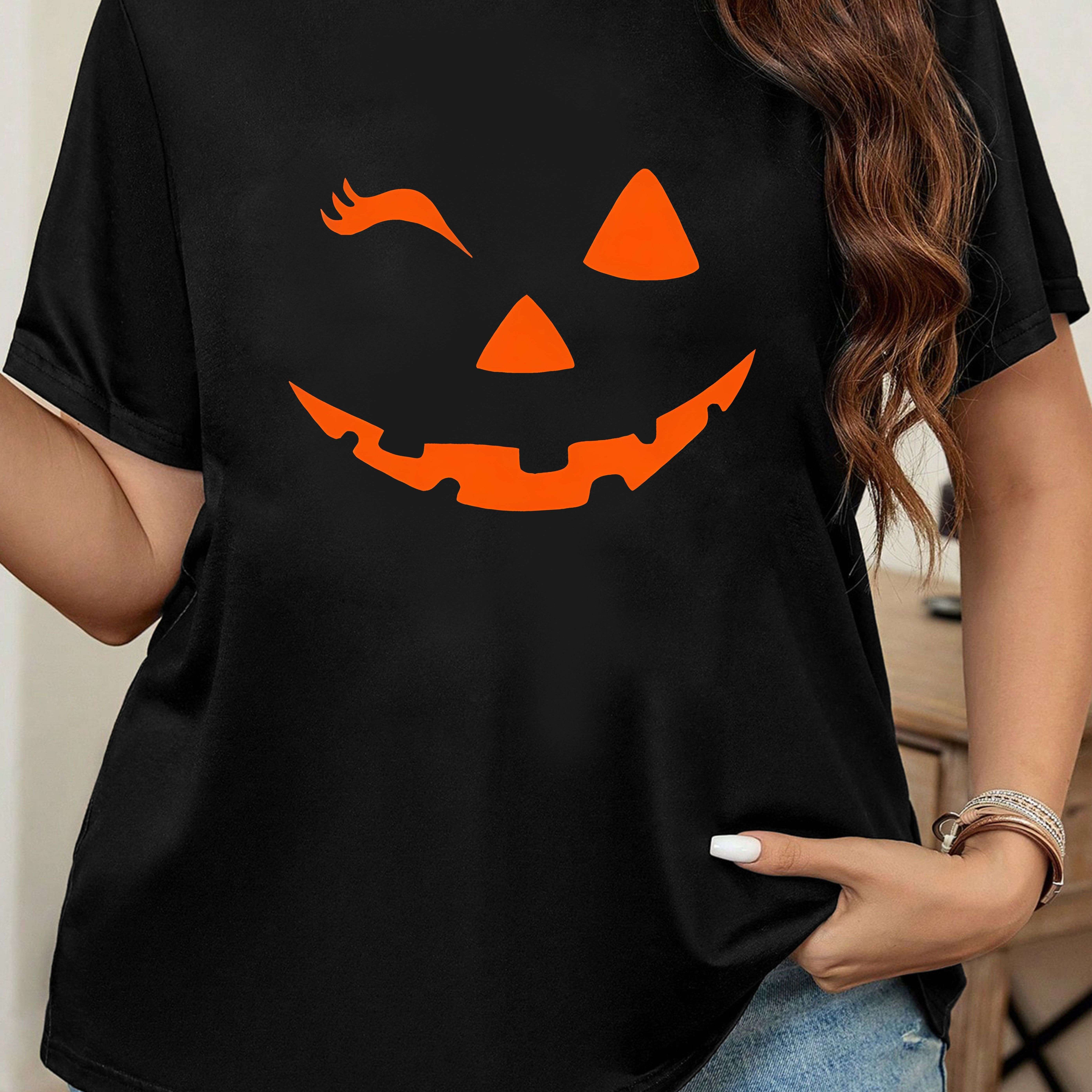 

Women's Plus Size Casual Sporty T-shirt, Halloween Pumpkin Print, Comfort Fit Short Sleeve Tee, Fashion Breathable Casual Top