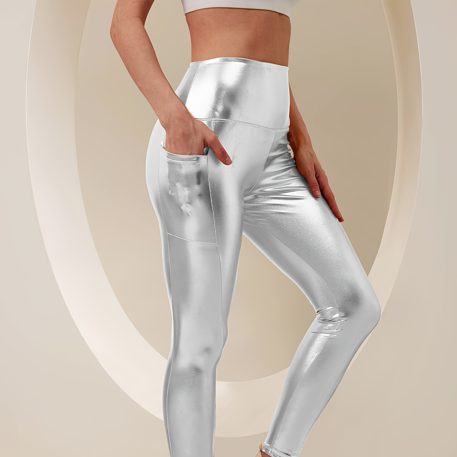 

Stylish Metallic Golden High - Waisted Leggings - Women's Pants For Spring & Fall With Pockets - Party - Perfect, Holiday - Ready, And Casual Attire - Soft, Comfortable, And Versatile