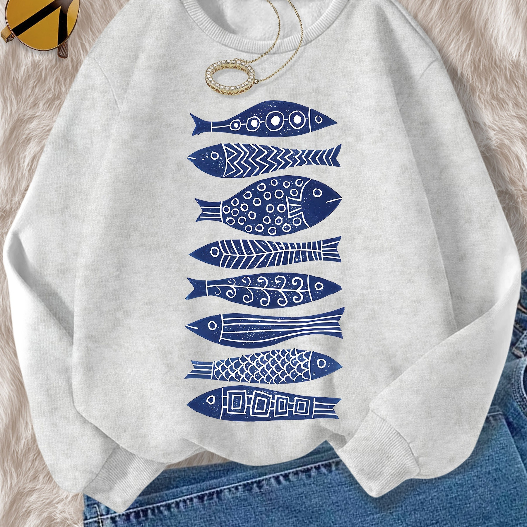 

Women's Geometric Fish Pattern Sweatshirt - Gray Crew Neck Pullover, Elegant & , Machine Washable, Polyester