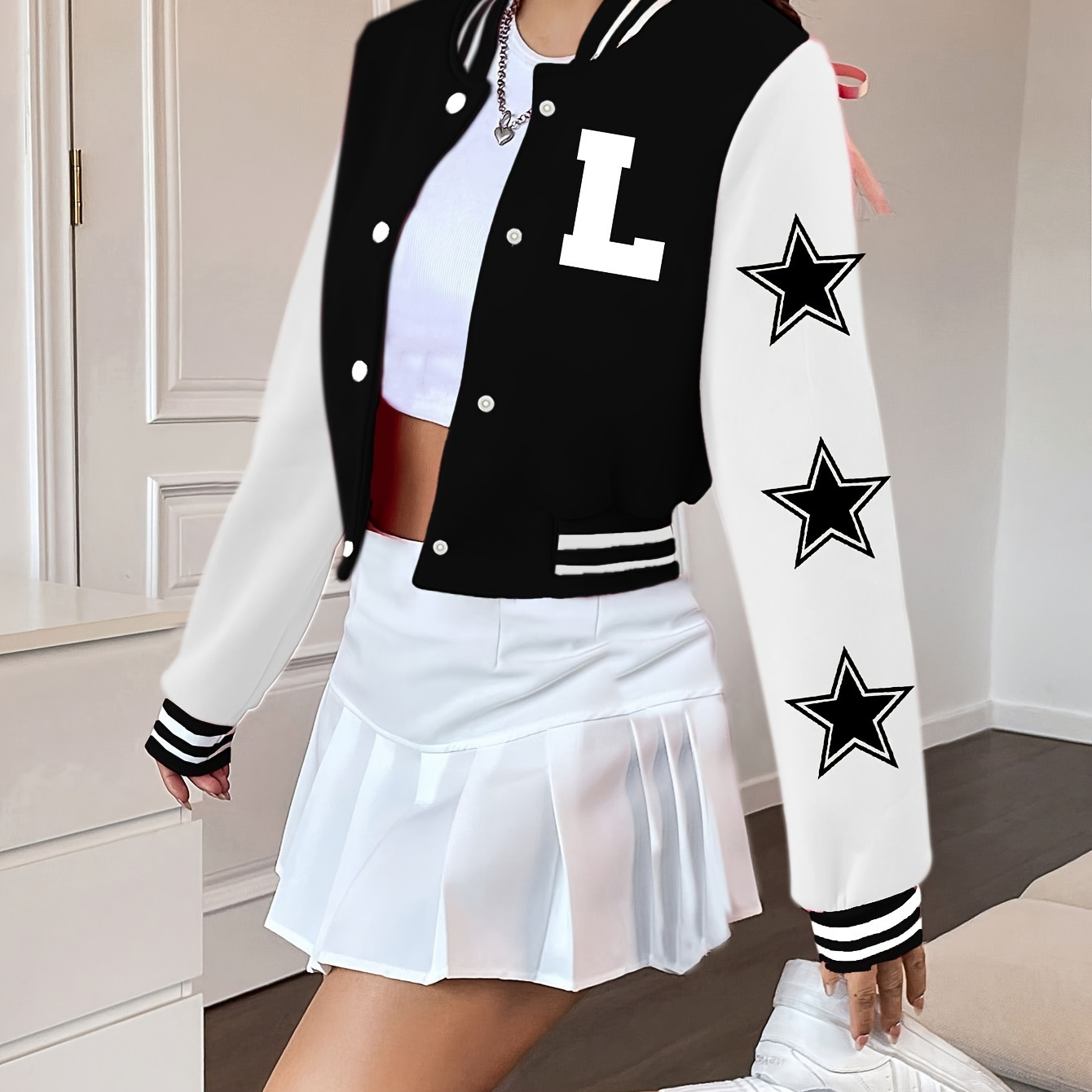 

Girl's Fashion Outdoor Cropped Jacket With Simple Letter L Logo Print, Comfy Casual Two-tone Color Block Outerwear For Daily And Outdoor, Fall And Winter