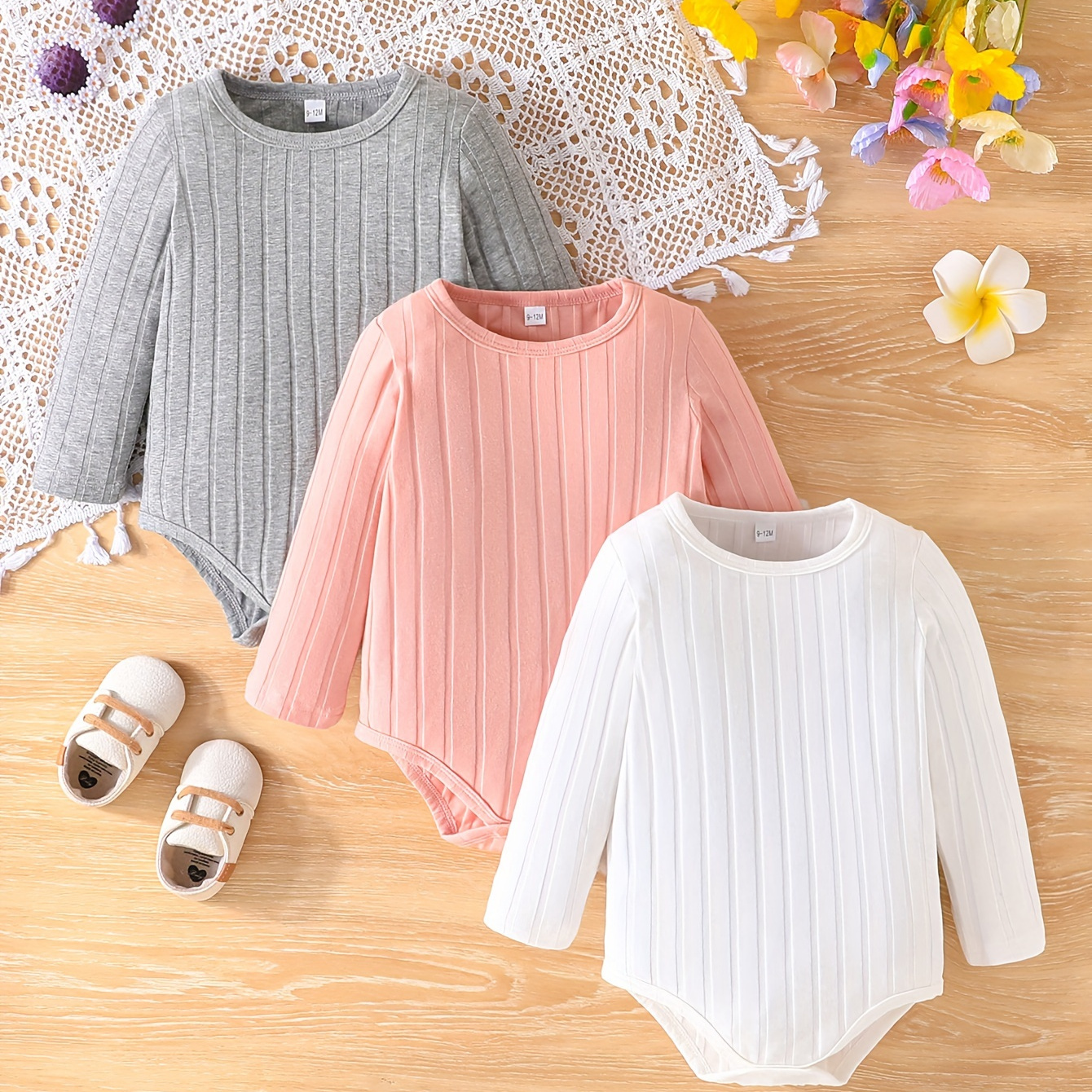 

3pcs Baby's Solid Color Ribbed Long Sleeve Triangle Bodysuit, Toddler & Infant Girl's Cotton Onesie Set For Spring Fall