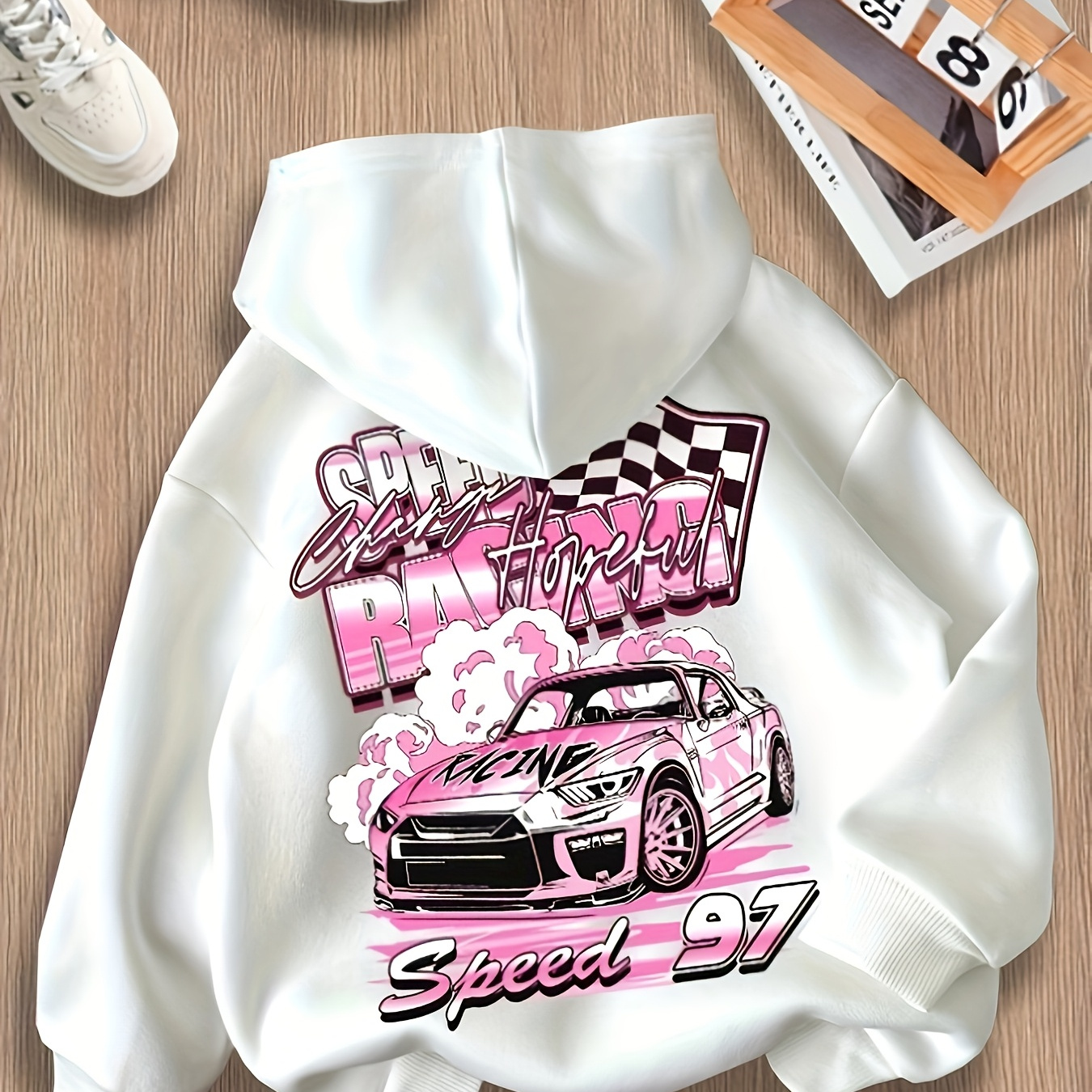 Girls' Trendy Pink Race Car Graphic Hoodie - Cozy Polyester Long Sleeve Pullover with "SPEED RACING" Print for Casual Outings & Parties, Fall/Winter
