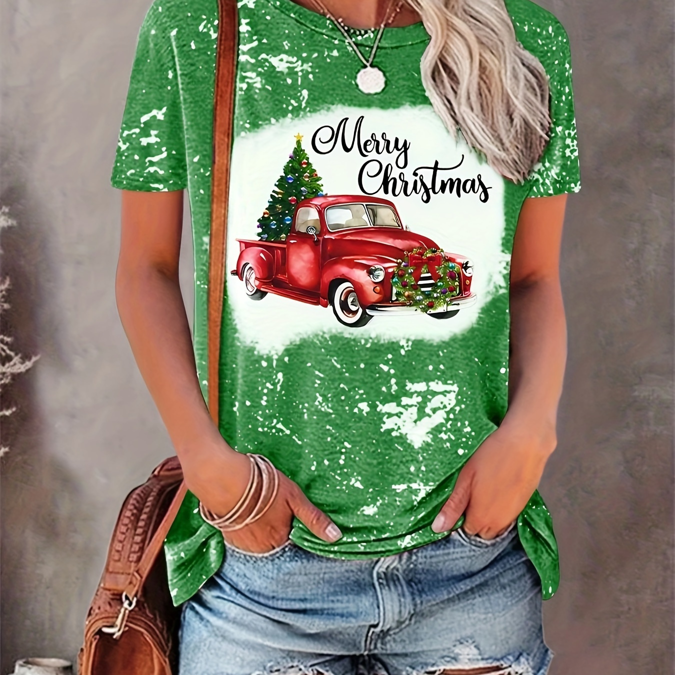 

Christmas Car Print T-shirt, Casual Crew Neck Short Sleeve T-shirt, Women's Clothing