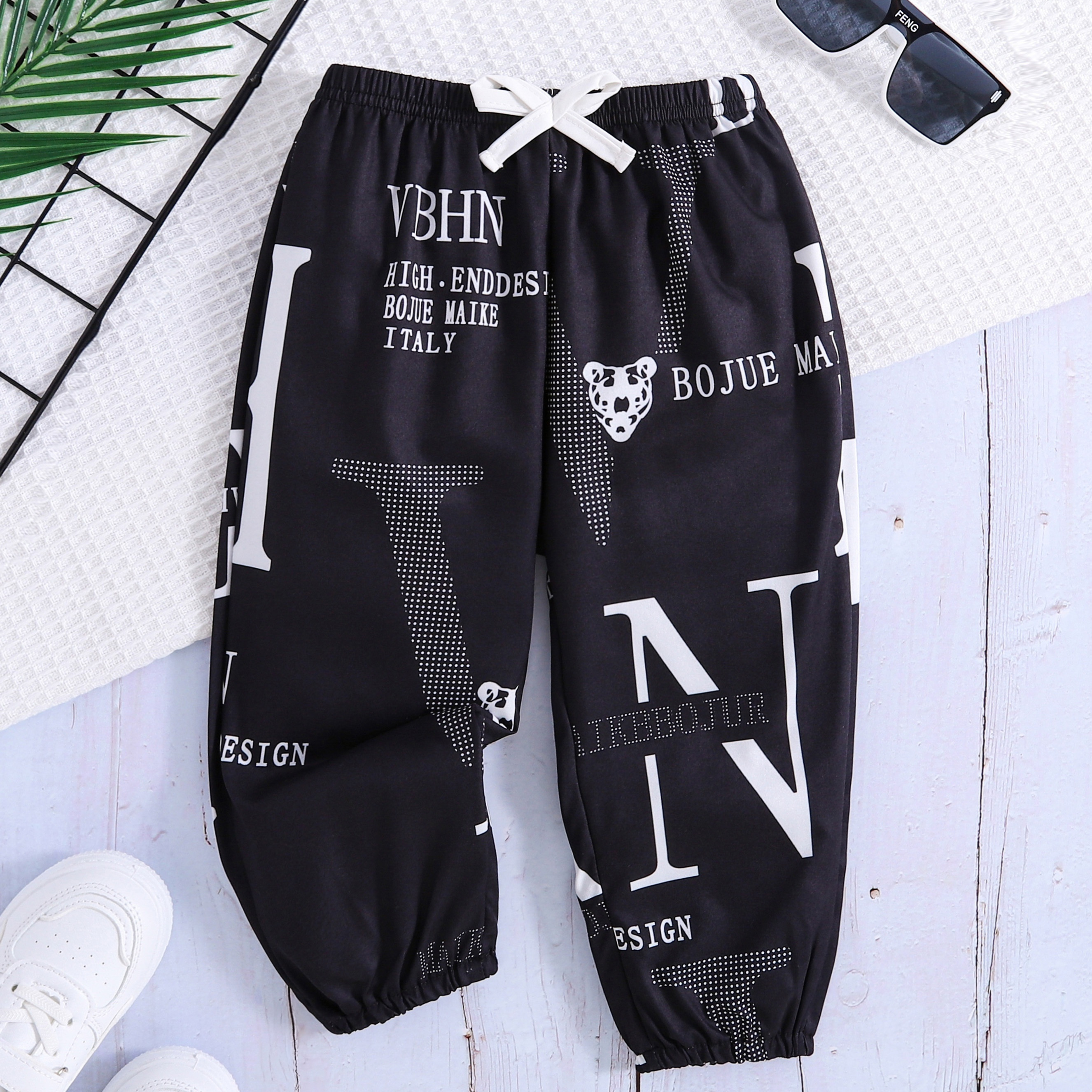 

Baby Boys Trendy Letters Print Loose Pants, Elastic Waist Loose Breathable Joggers