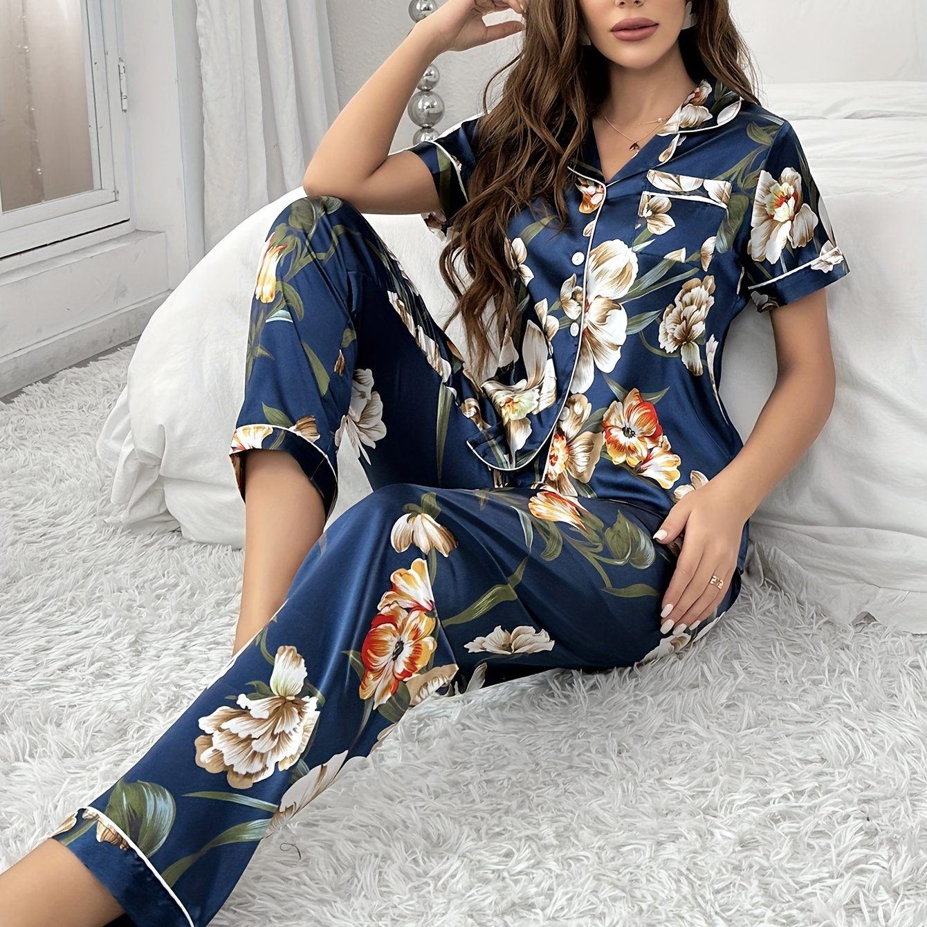 

Velvet Color Dingtian Large Flower Print Short And Long Pajama Set