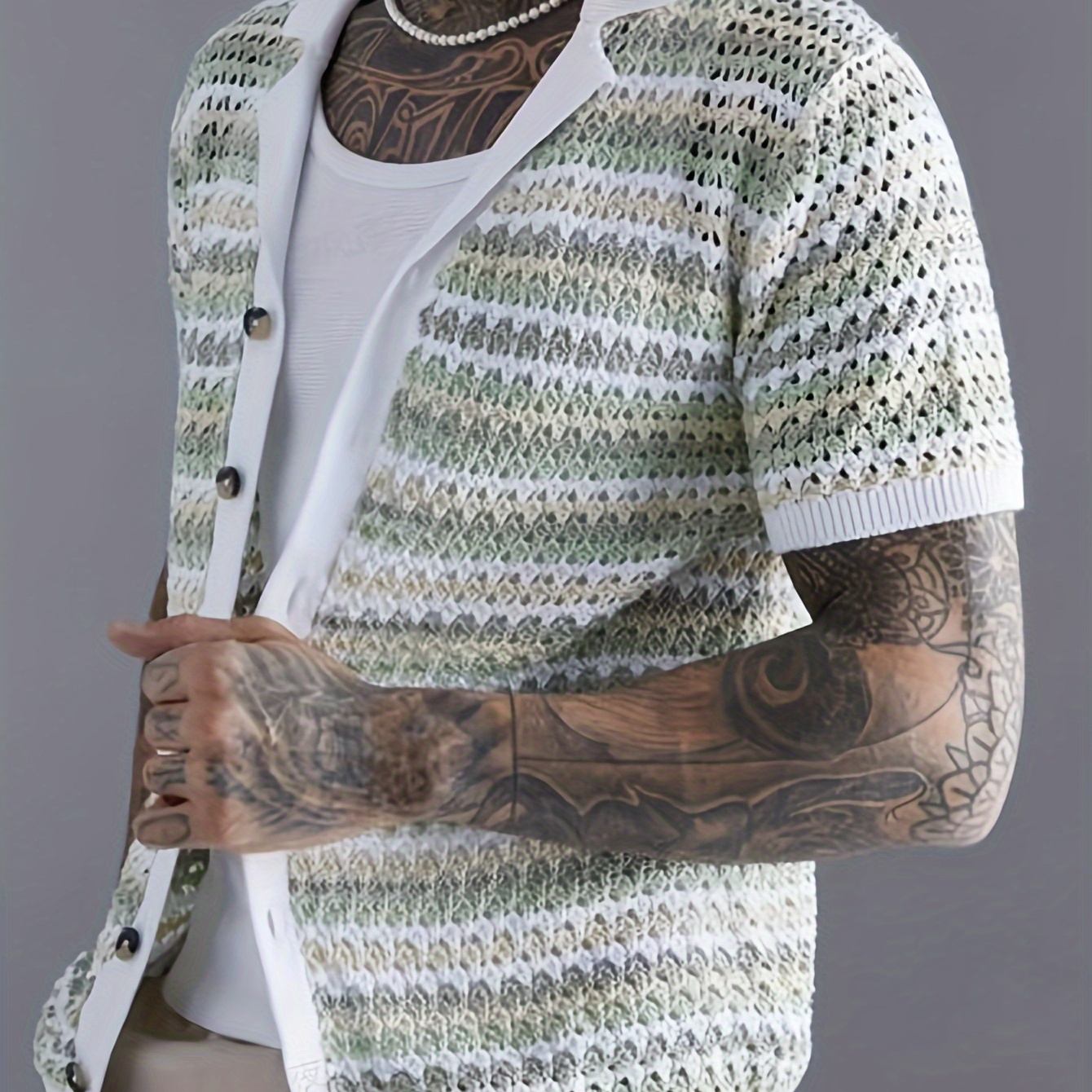 

Men's Casual Striped Knit Cardigan - Lightweight, Breathable Acrylic With V-neck And Button-, Machine Washable - Stylish Summer Fashion In White/green