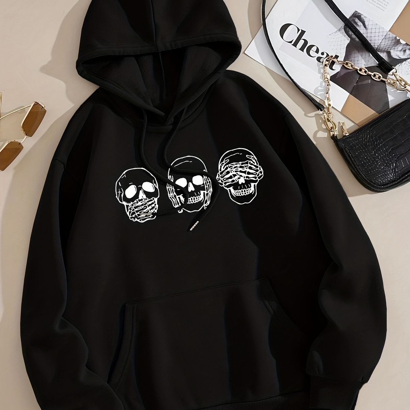 

Halloween Skull Print Drawstring Hoodie, Casual Long Sleeve Hooded Sweatshirt, Women's Clothing
