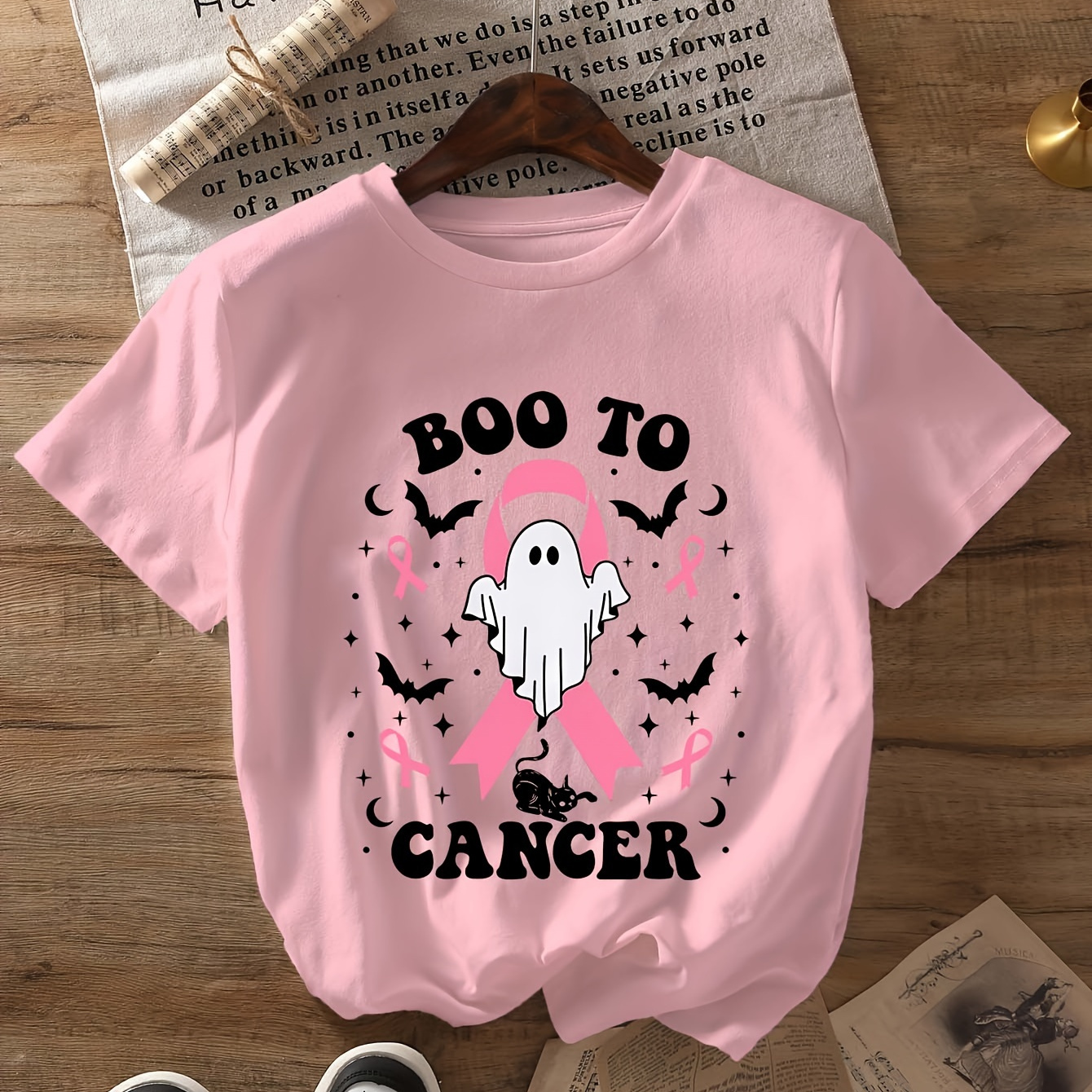 

Women's Pink Breast Awareness T-shirt, Casual Round Neck Short Sleeve Tee, Cartoon , Polyester Knit Top For Summer & Spring, Regular ' Tee