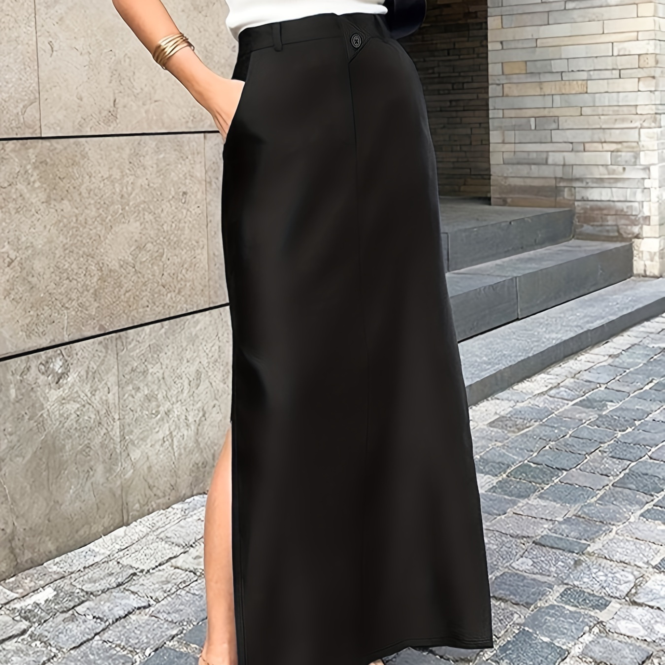 

Solid Dual Pockets Split Skirt, Elegant Asymmetrical Detail Skirt For Spring & Summer, Women's Clothing