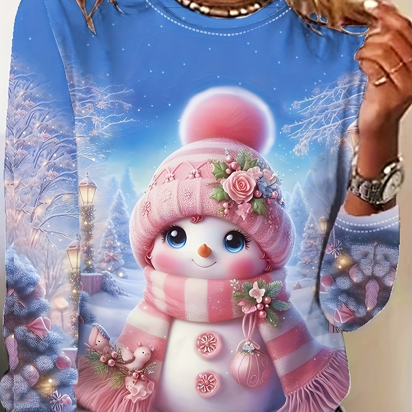 

T-Shirt à Manches Longues pour Femme avec de Noël - Mignon & Confortable, Mélange de Polyester et Spandex, Lavable en Machine, Col Rond - pour Offrir en Fête, Décorations de de Neige