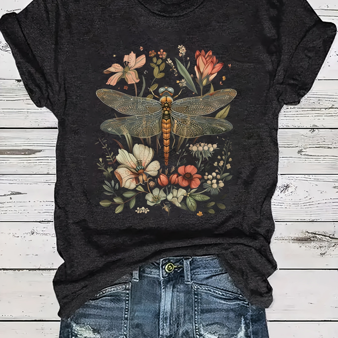 

Dragonfly & Floral Neck T-shirt, Short Sleeve Casual Top For Summer & Spring, Women's Clothing