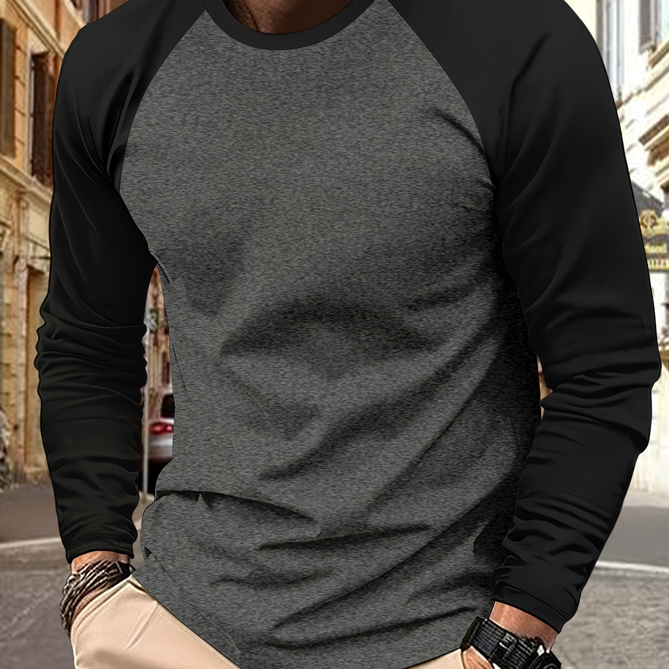 

Men's Long Sleeve Crew Neck Sportswear Shirt, Fashionable Color Block Round Neck Men's Shirt, Spring Fall