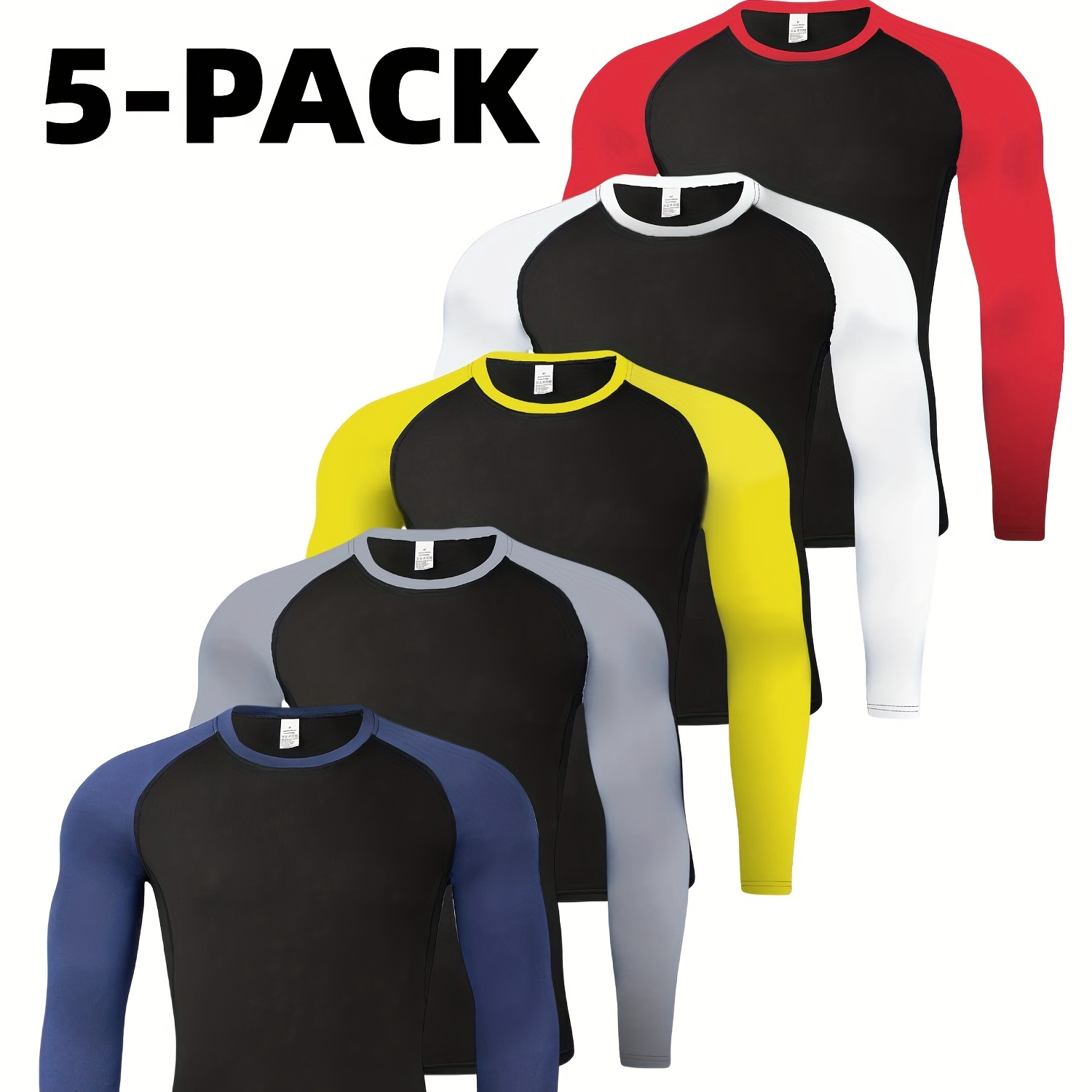 

5pcs Of Men's Splicing Sports Long Sleeve Undershirt T-shirt Exercise, Moisture Wicking, Quick Drying, Anti-friction, Stretching, Breathable Fabric, Suitable For , Jogging, Cycling, Exercise