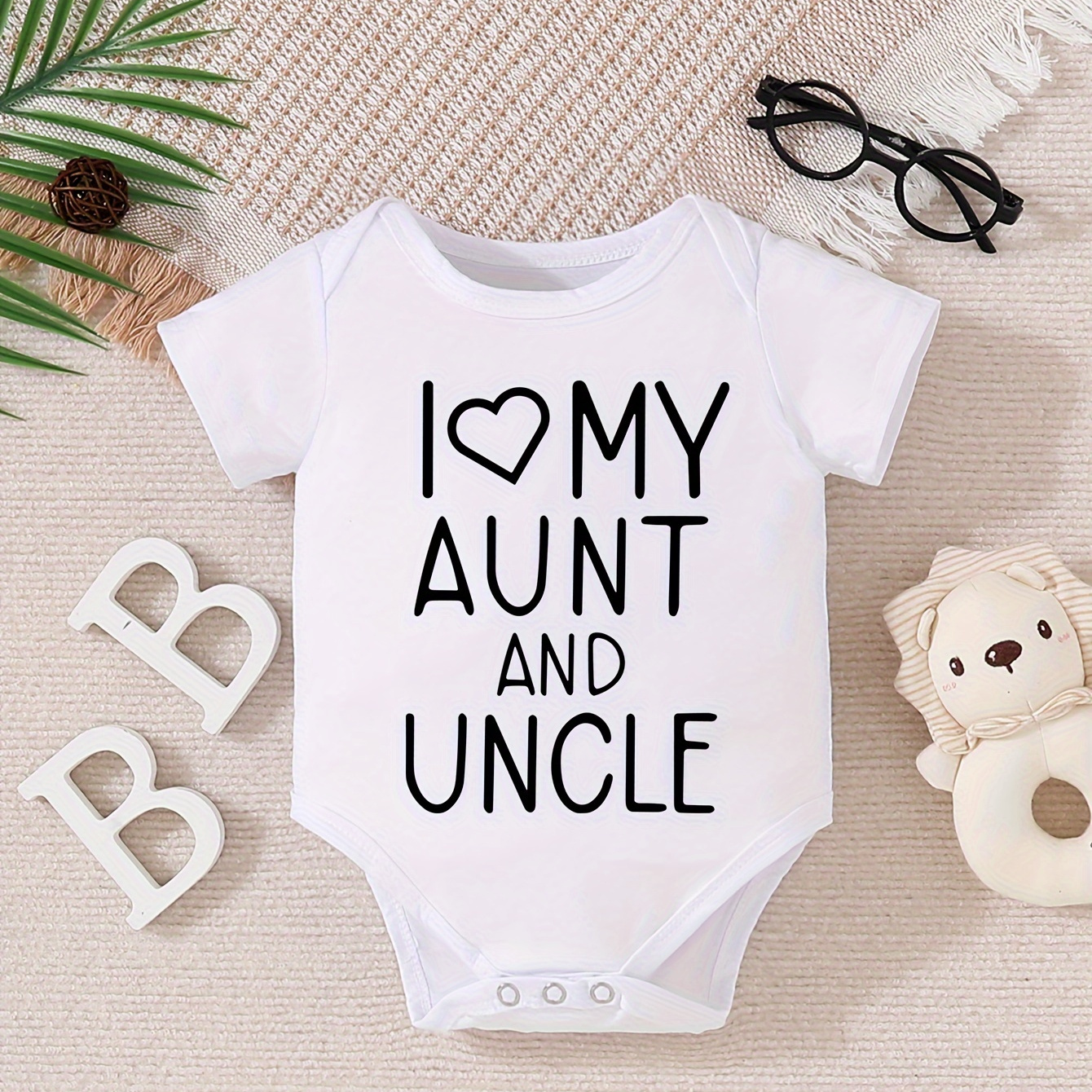 

i Love My Aunt And Uncle" Print Infant's Triangle Bodysuit, Casual Short Sleeve Romper, Baby Boy's Clothing