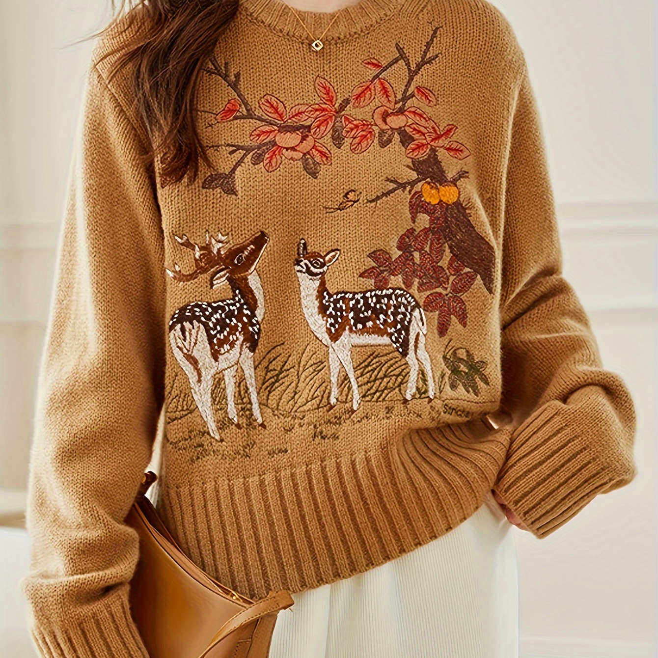 

Cozy Embroidered Deer & Plum Sweater For Women - Casual Loose Fit, Knit Pullover For Fall/winter, Machine Washable