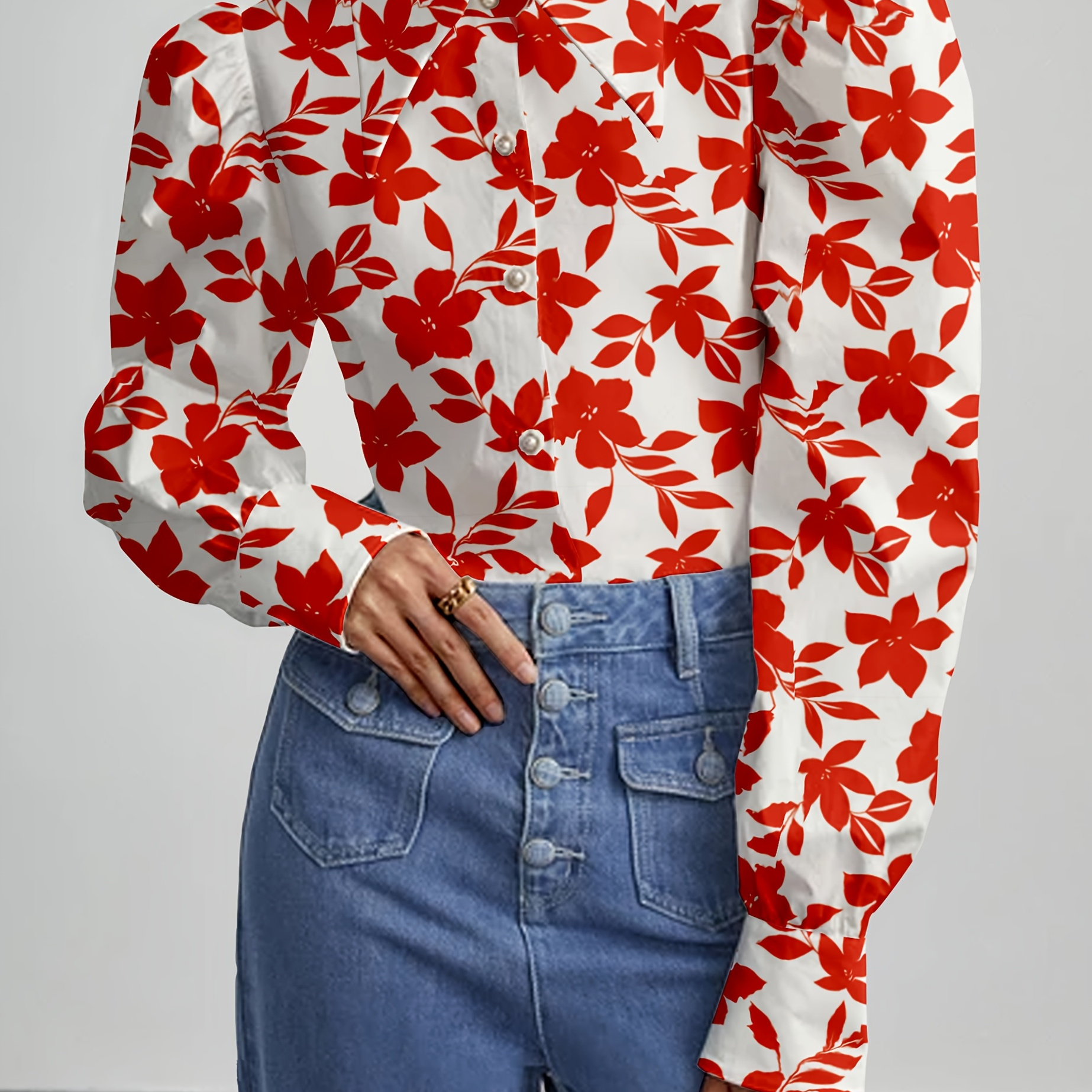 

Elegant Long-sleeve Shirt With Orange Printed And A Stylish Large Collar, Spring And Autumn Commutes.