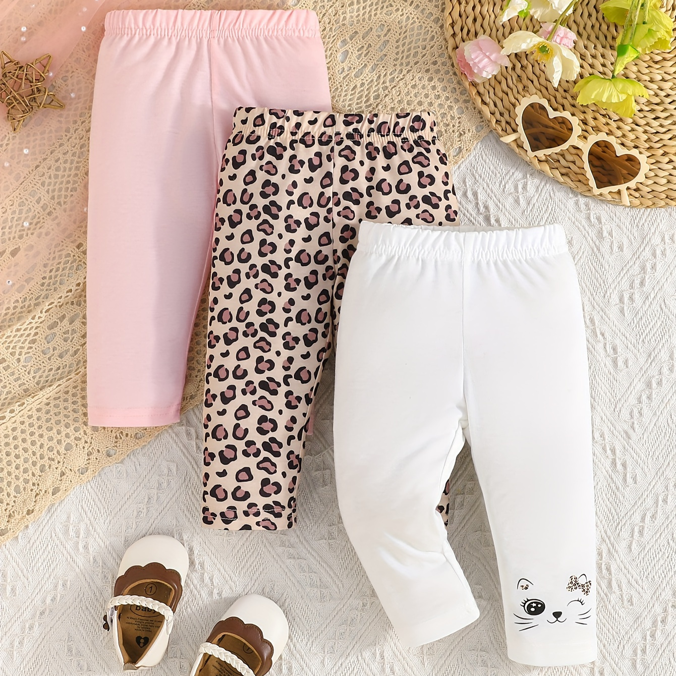 

3pcs Baby's Casual Pants Set, Solid Color & Cartoon Cat & Leopard Pattern Elastic Waist Trousers, Infant & Toddler Girl's Clothing