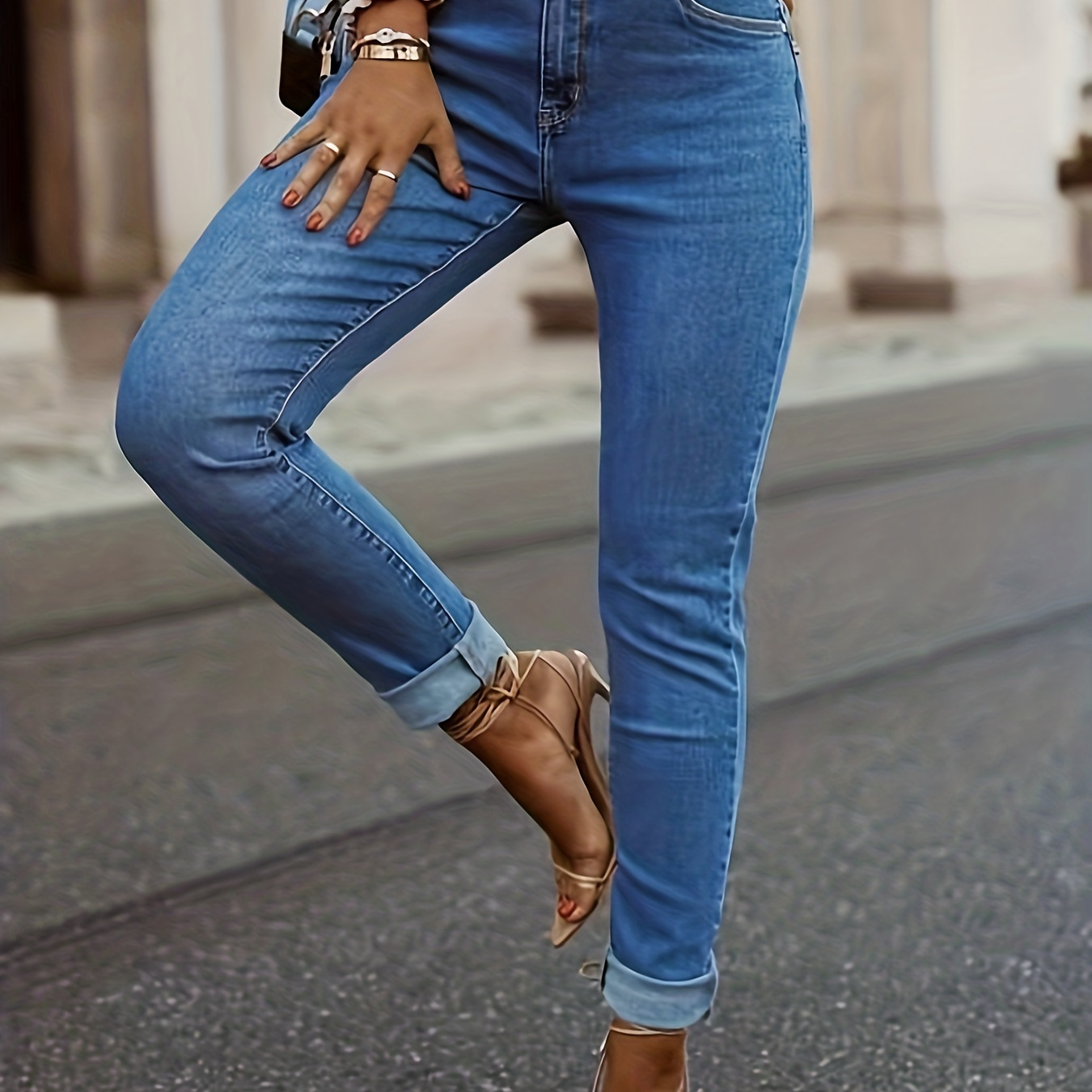 

Plus Size Basic Jeans, Women's Plus Solid Button Fly High Rise High Stretch Roll Up Tapered Leg Jeans