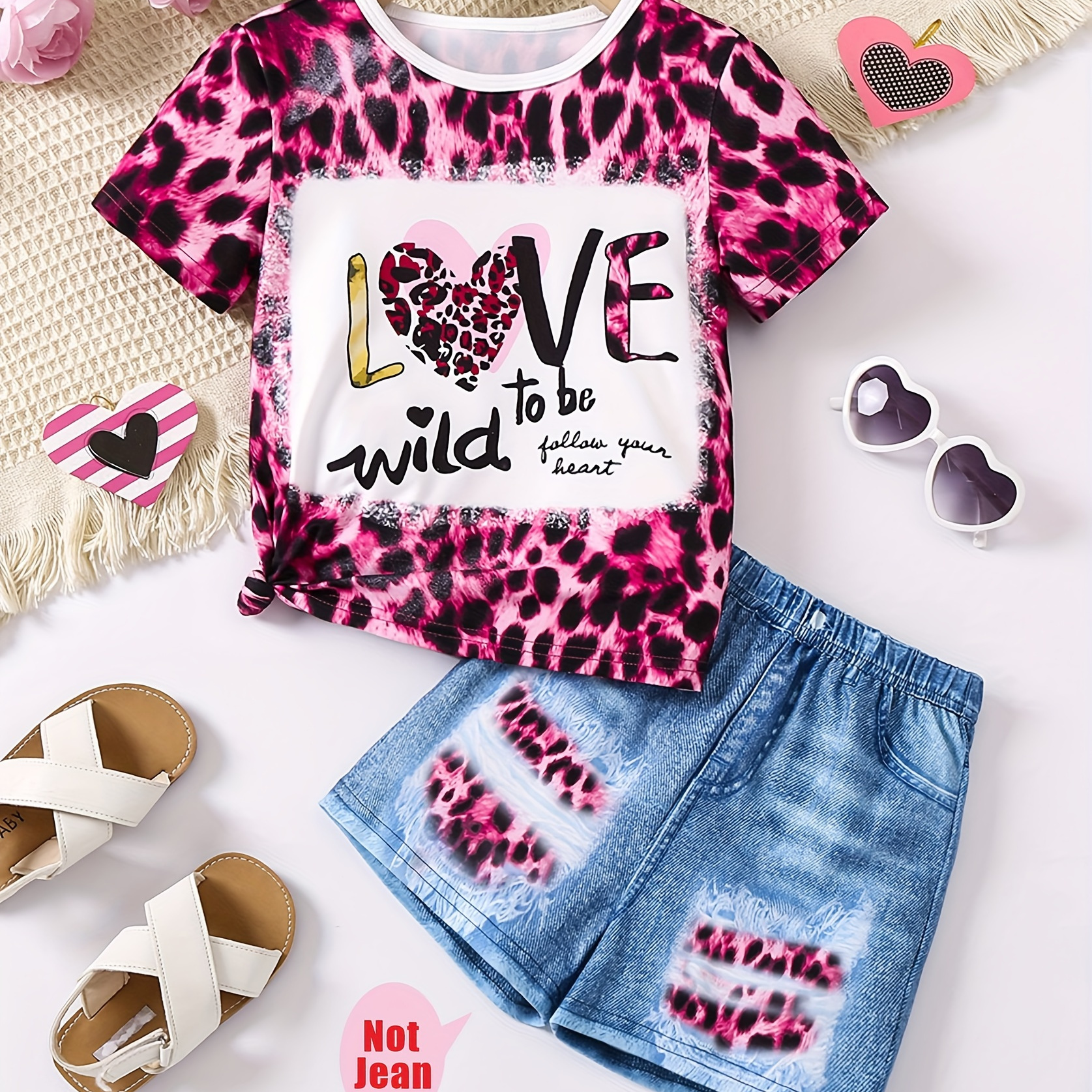 

2pcs Cute Love Print Leopard Print Short Sleeve T-shirt Top + Imitation Denim Print Shorts Set For Summer Party Girls