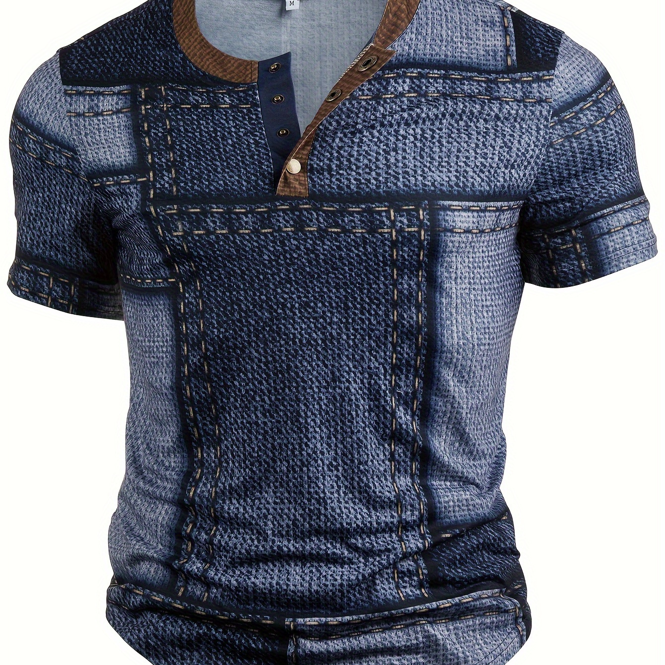 

Men's 3d Digital Denim Pieces Pattern Print T-shirt With Buttoned Henley Neck And Short Sleeve, Casual And Chic Tops For Summer Outdoors Wear
