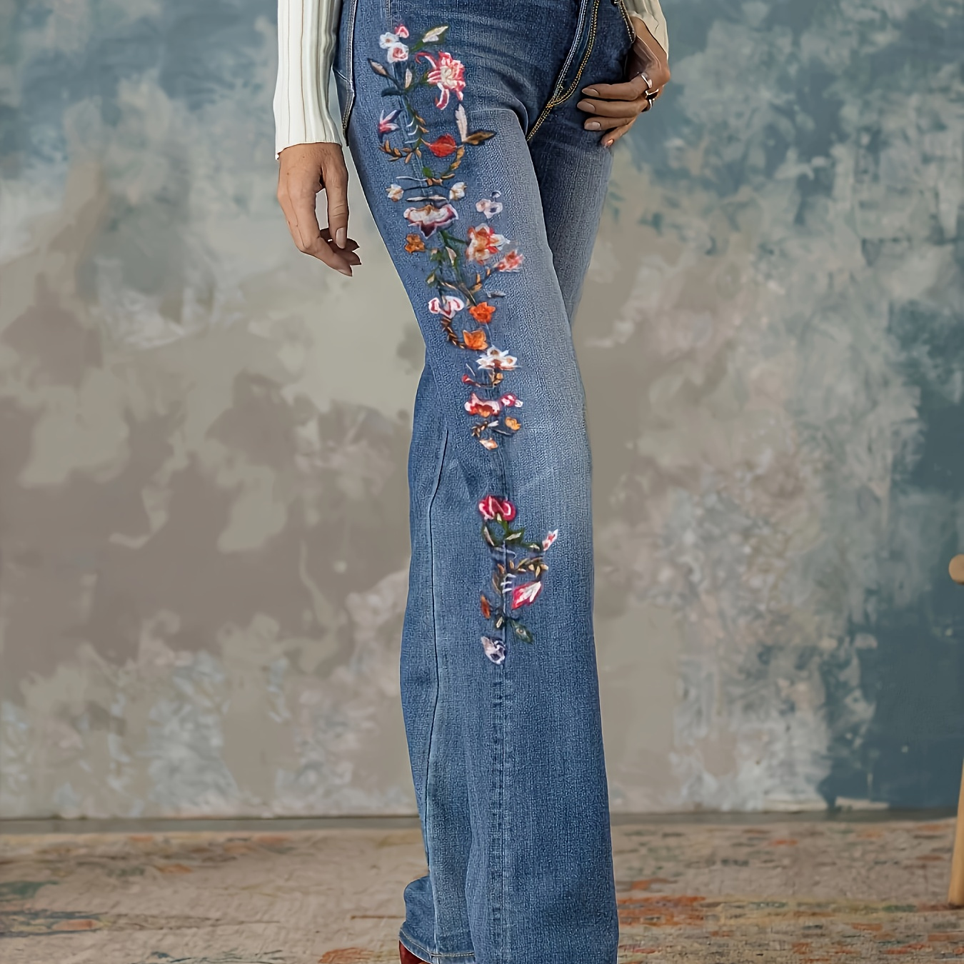 

Women's Embroidered Stretchy Denim Jeans, Classic Fit, Floral Detail, Casual Long Pants Style For Autumn