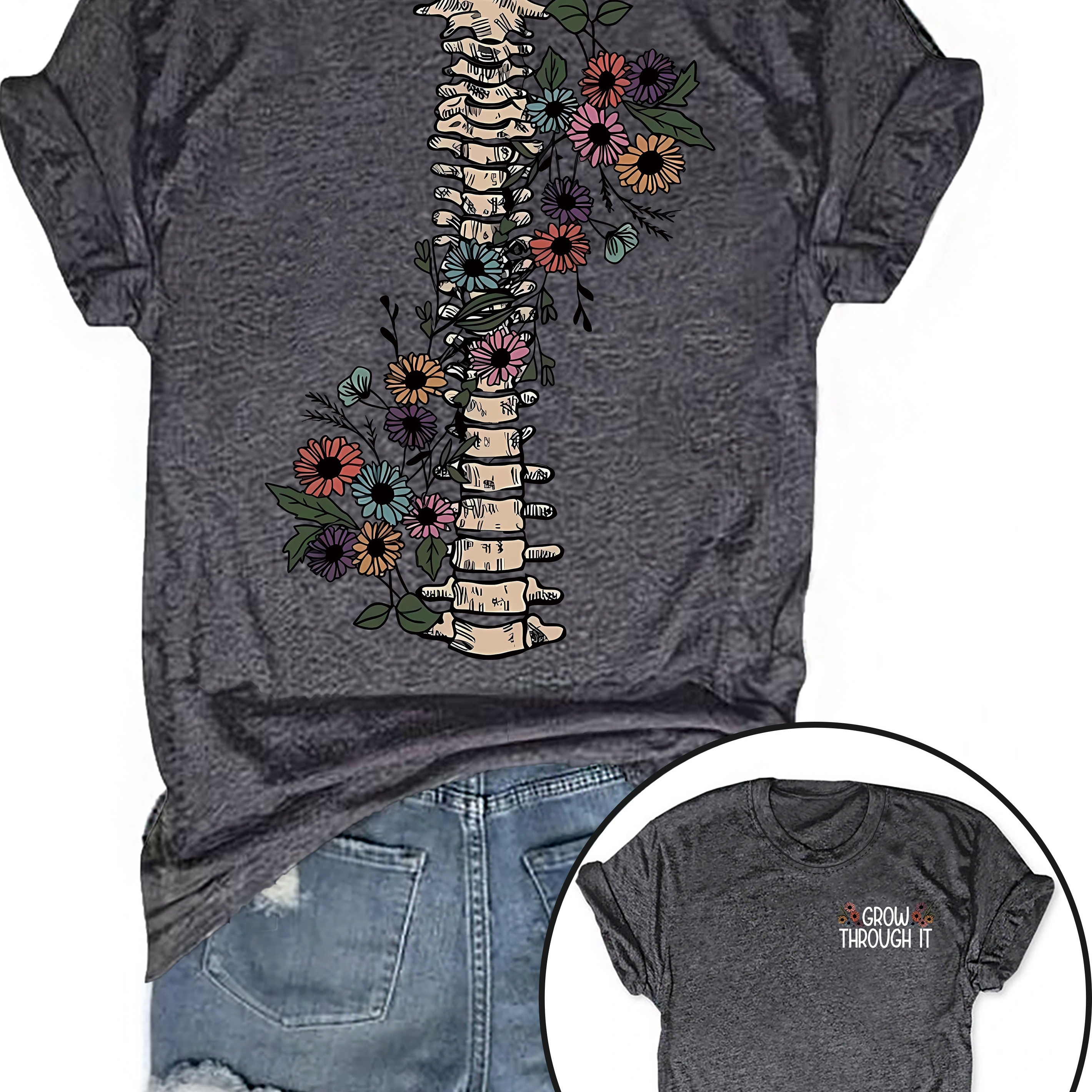 

Skeleton & Floral Print Crew Neck T-shirt, Casual Short Sleeve Top For Spring & Summer, Women's Clothing