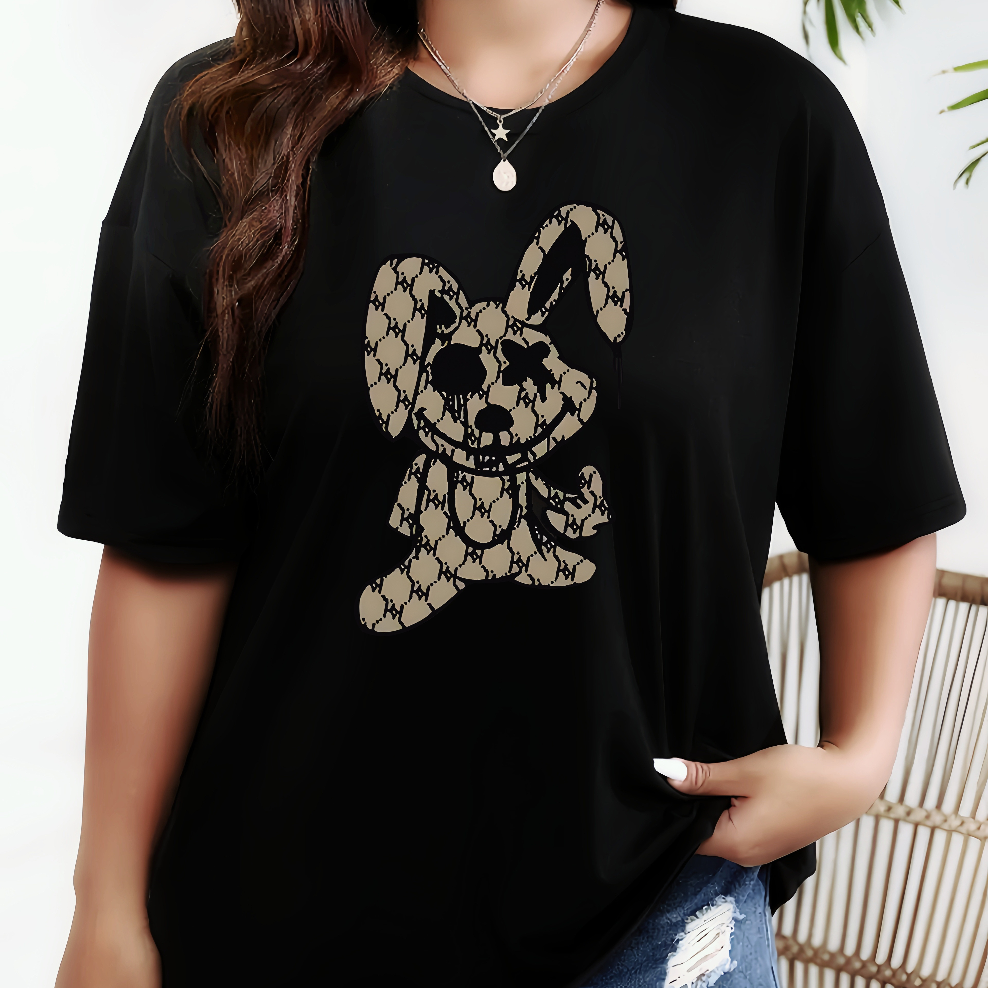 

Plus Size Bunny Print T-shirt, Casual Crew Neck Short Sleeve T-shirt, Women's Plus Size clothing