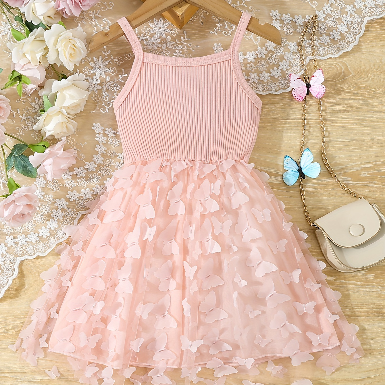 

Baby's Butterfly Decor Mesh Splicing Cami Dress, Elegant Sleeveless Princess Dress, Infant & Toddler Girl's Clothing For Summer/spring, As Gift