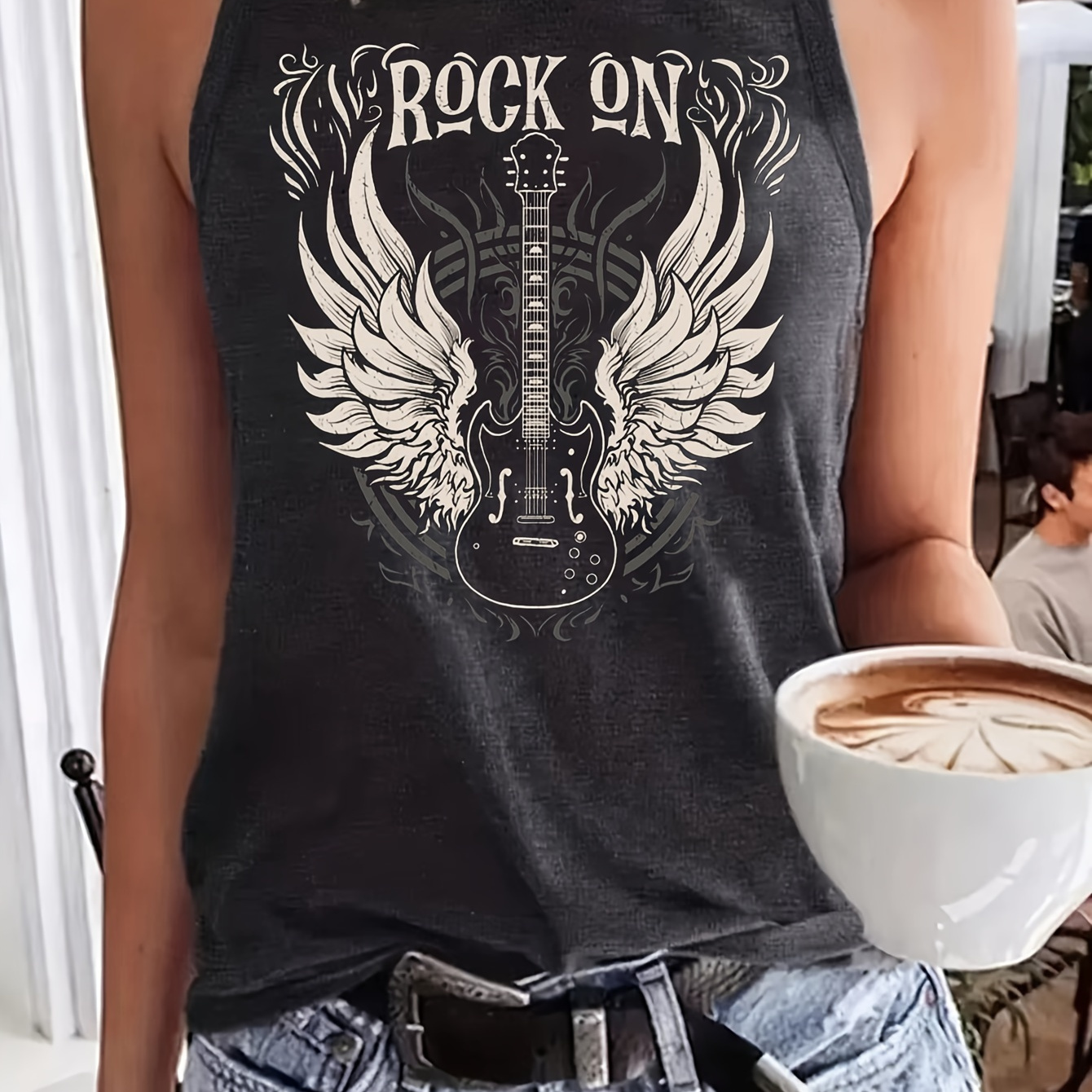 

Guitar Print Crew Neck Tank Top, Casual Sleeveless Top For Spring & Summer, Women's Clothing