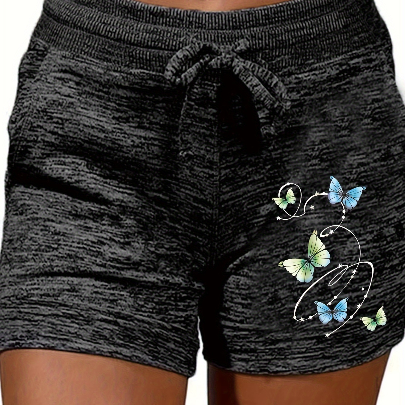 

Butterfly Print Drawstring Shorts, Casual Waist Slant Pocket Shorts For Spring & Summer, Women's Clothing