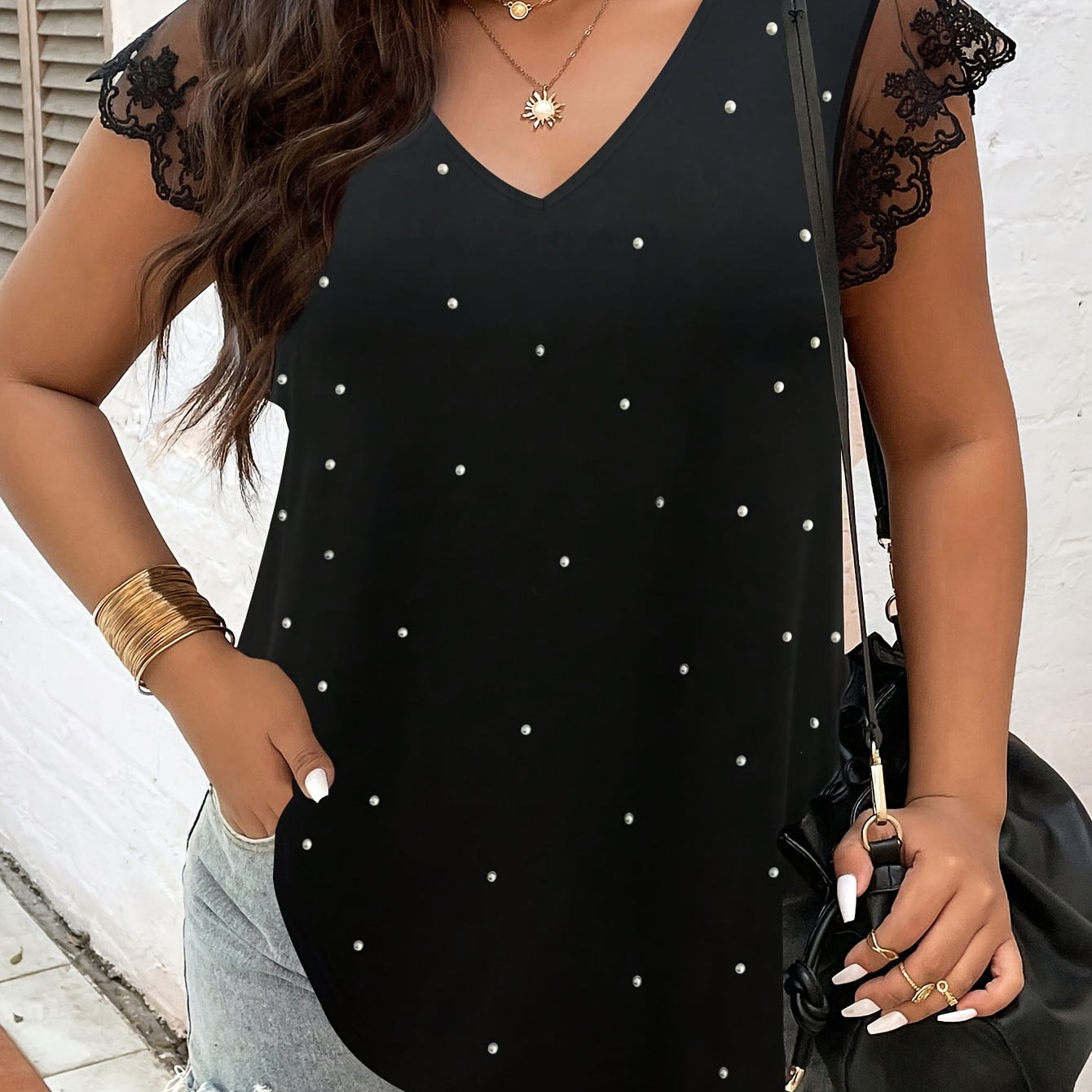 

Plus Size Beaded Solid V Neck T-shirt, Casual Lace Stitching Short Sleeve Top For Spring & Summer, Women's Plus Size Clothing