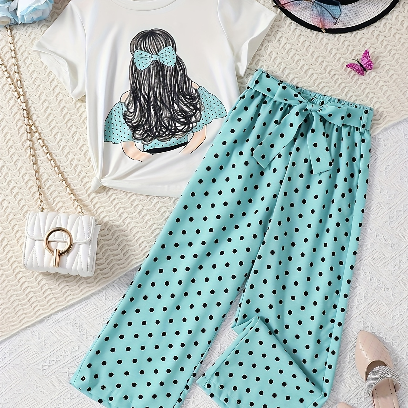 

2pcs, Casual Cartoon Girl Print Short Sleeve T-shirt + Polka Dot Print Pants Set For Girls Outdoor Party Summer