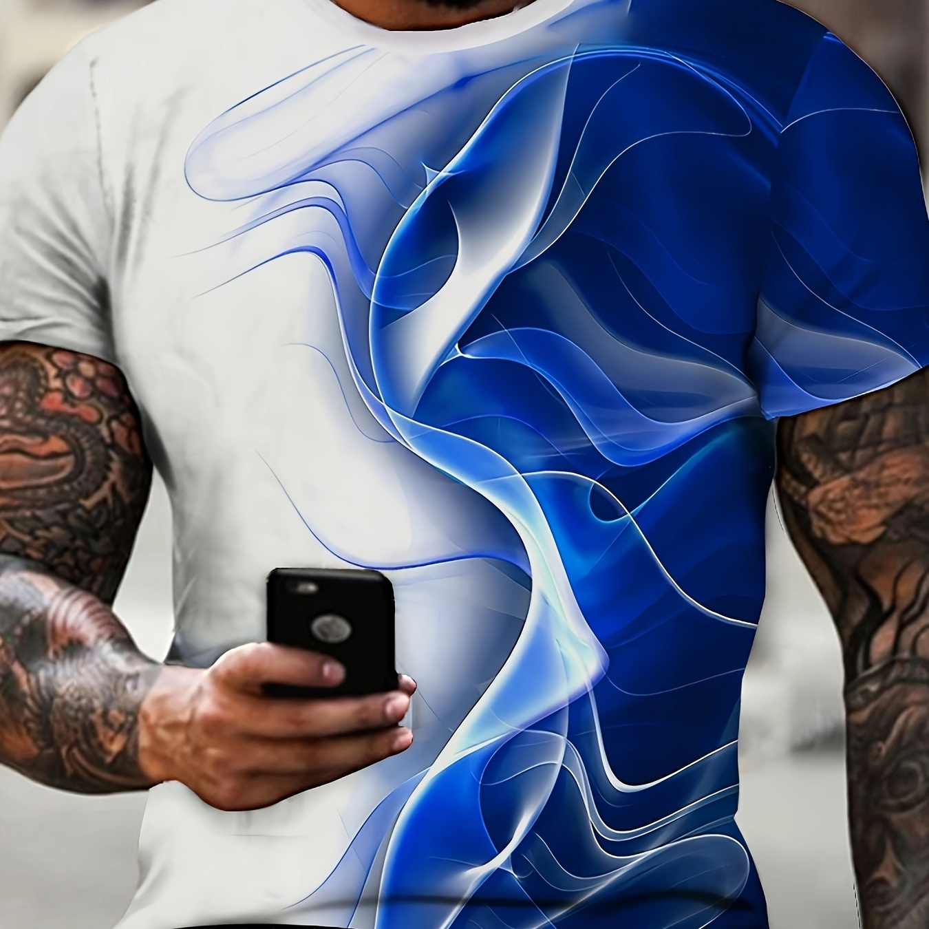 

Plus Size 3d Blue Flame Graphic Print, Men's Crew Neck T-shirts With Short Sleeves, Loose Shirts For Exercise, Men's Clothing