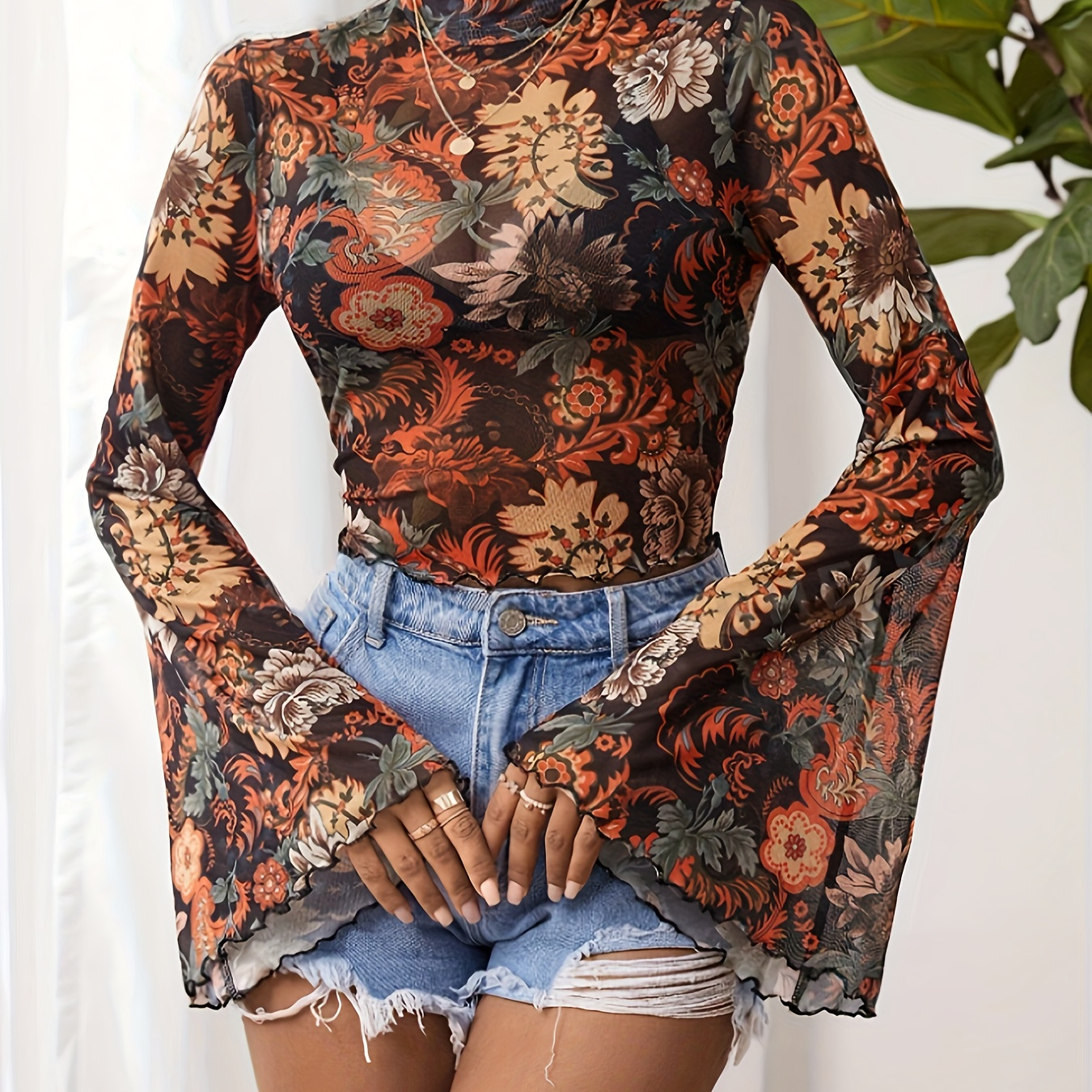 

Floral Print Mock Neck Mesh T-shirt, Sexy Bell Sleeve Slim Top For Spring & Summer, Women's Clothing