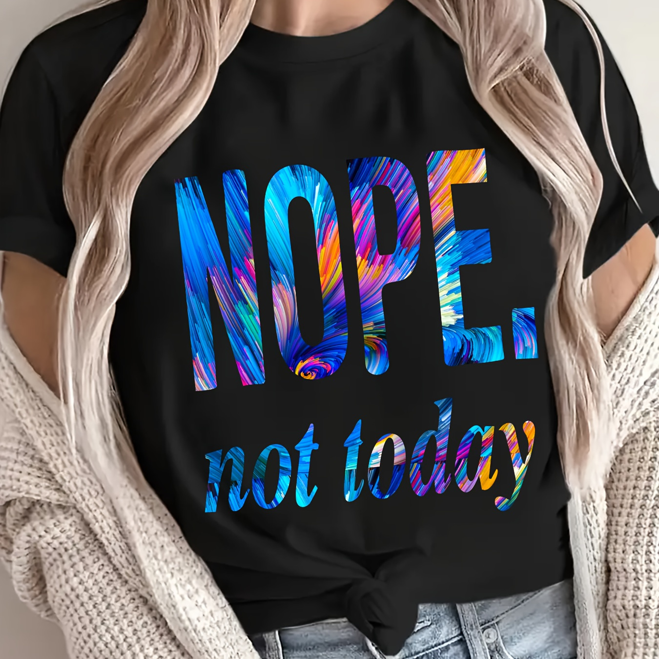 

Women's Plus Size Gradient 'nope' Letter Print T-shirt - Casual Crew Neck, Short Sleeve, Polyester , Machine Washable - Spring/summer, Colorful, T-shirt, Gradient, Nope, Plus Size