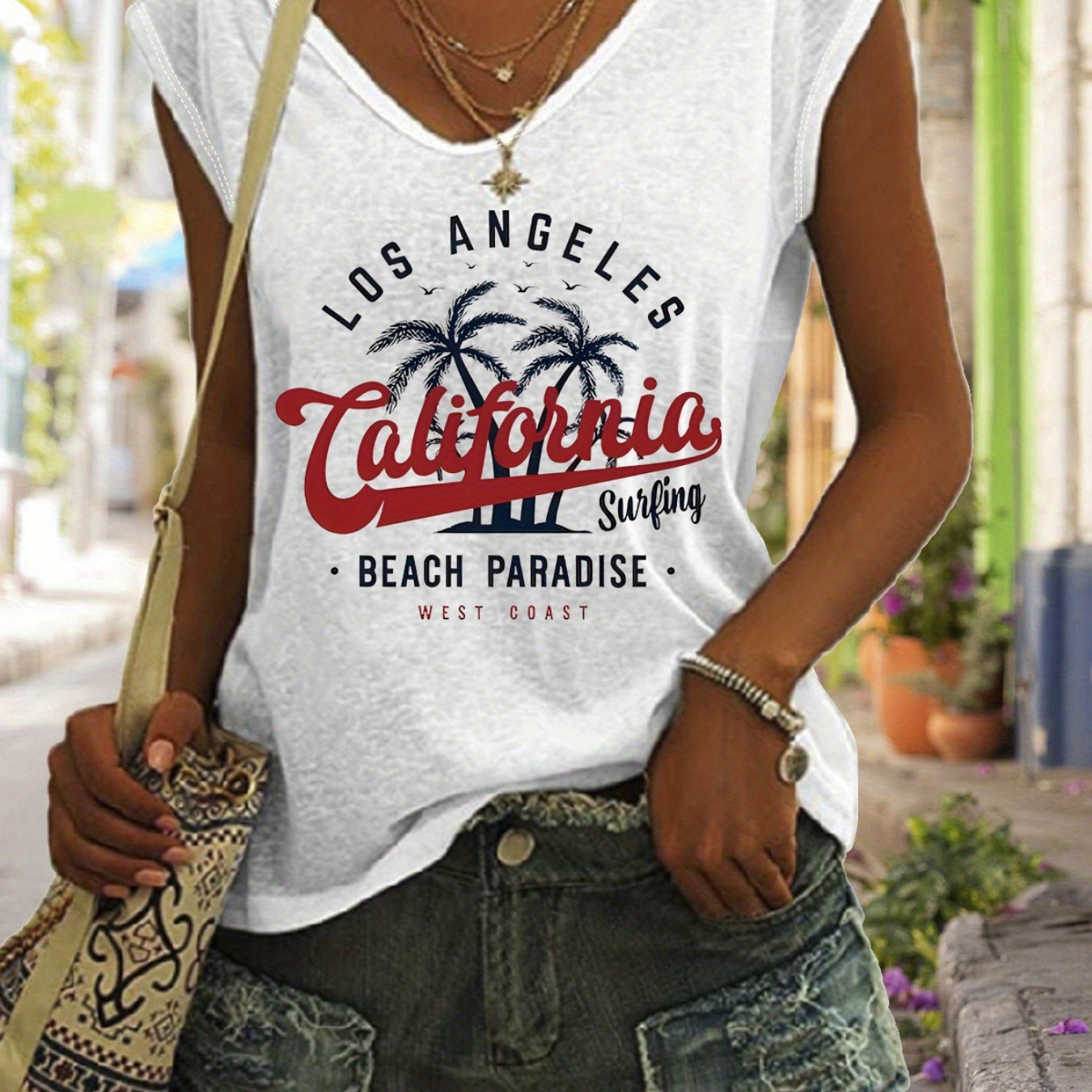 

California Letter & Tree Print Tank Top, Cap Sleeve Casual Top For Summer & Spring, Women's Clothing
