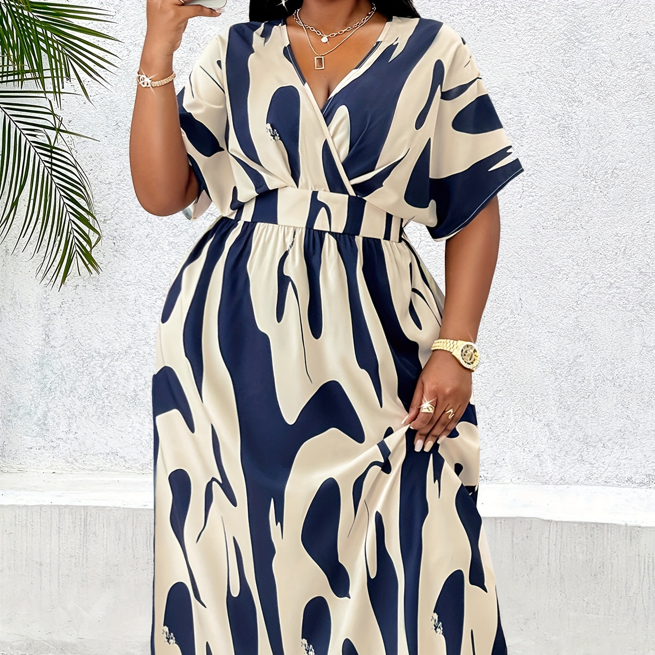 

Plus Size Women's V-neck Printed Dress, Elegant Geometric Pattern, Polyester, Short Sleeves, Long Length, Casual Outwear, Solid Color, No Stretch, Woven Fabric